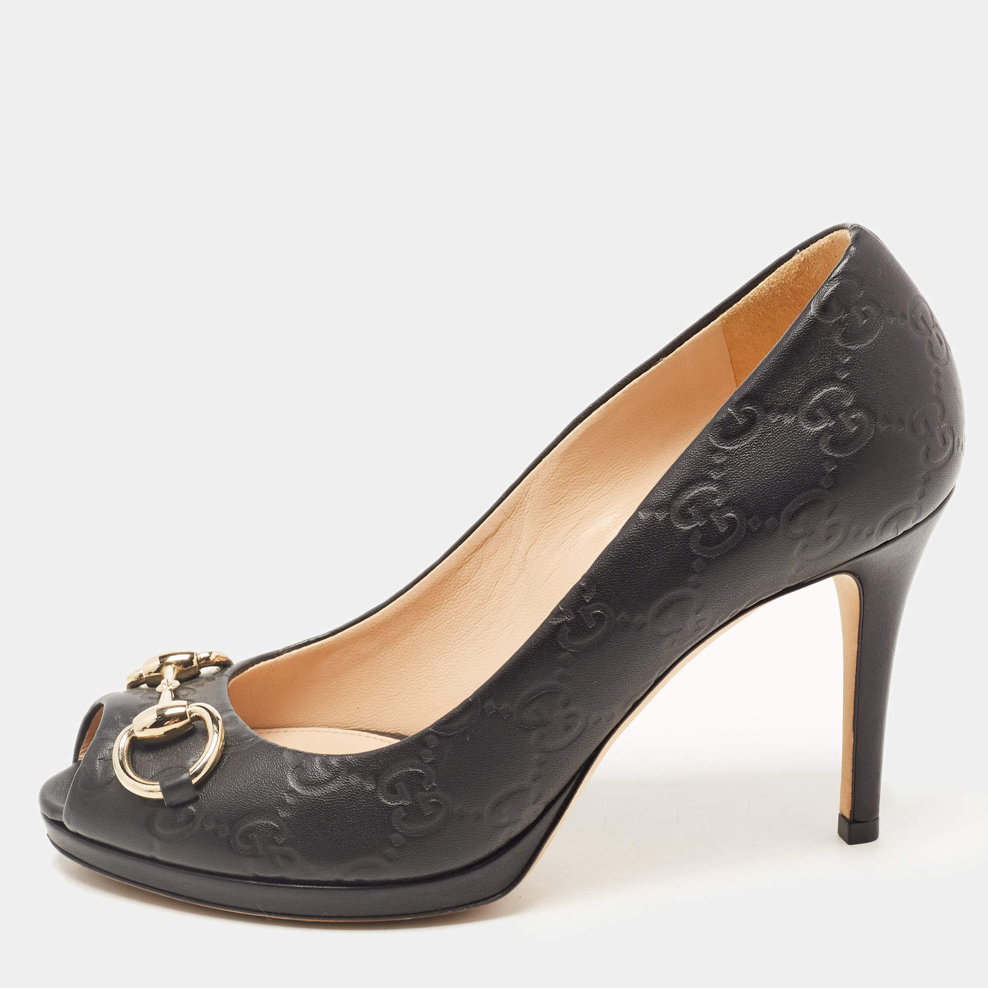 Pre Owned Gucci Black Guccissima Leather Horsebit Peep Toe Platform Pumps Size 36