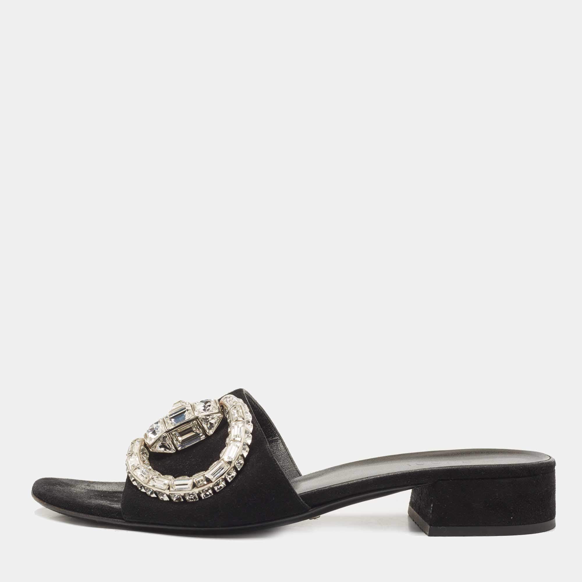 Gucci Black Suede Crystal Maxime Slide Sandals Size 38