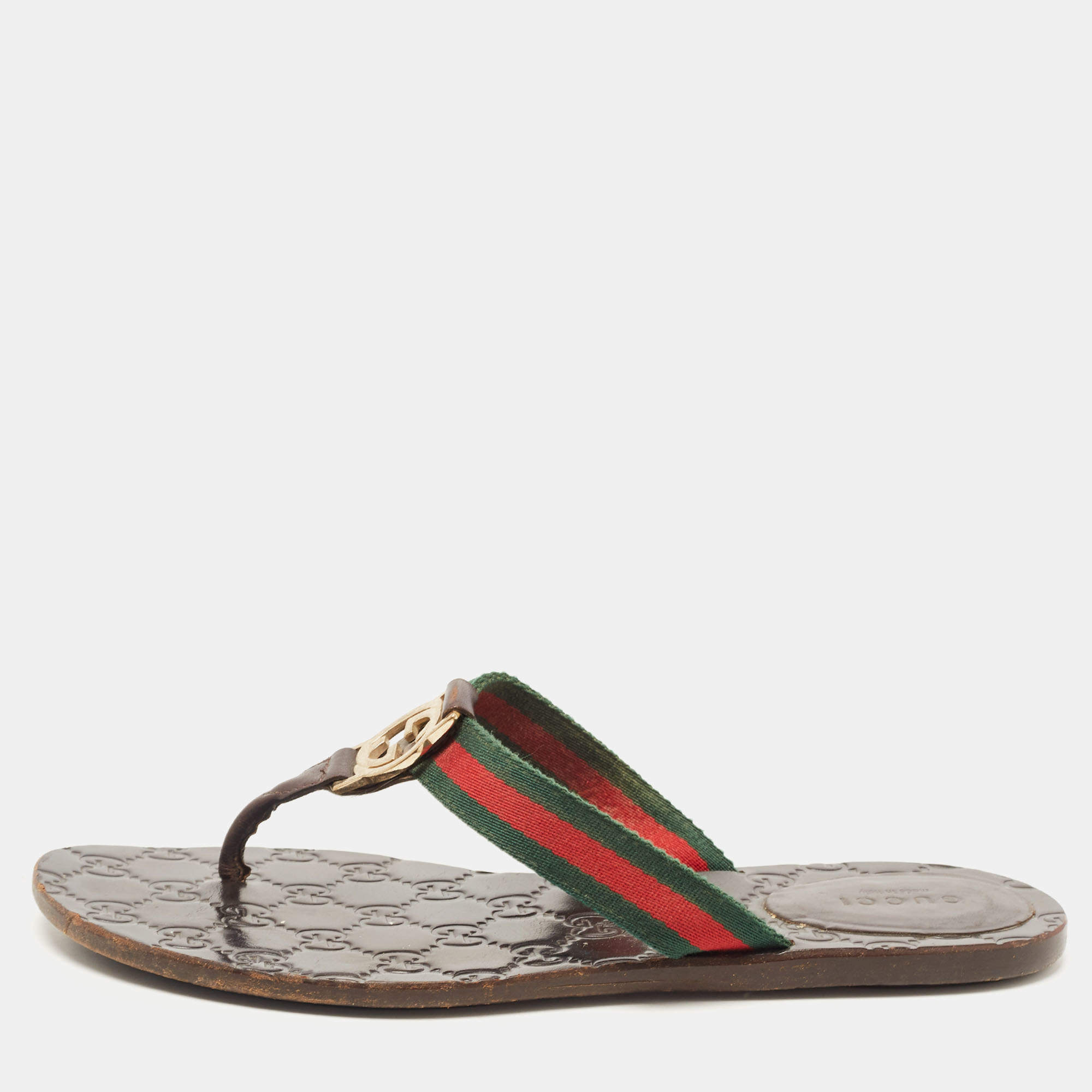Pre Owned Gucci Tricolor Leather and Canvas Web Interlocking G Thong Flats Size 37.5