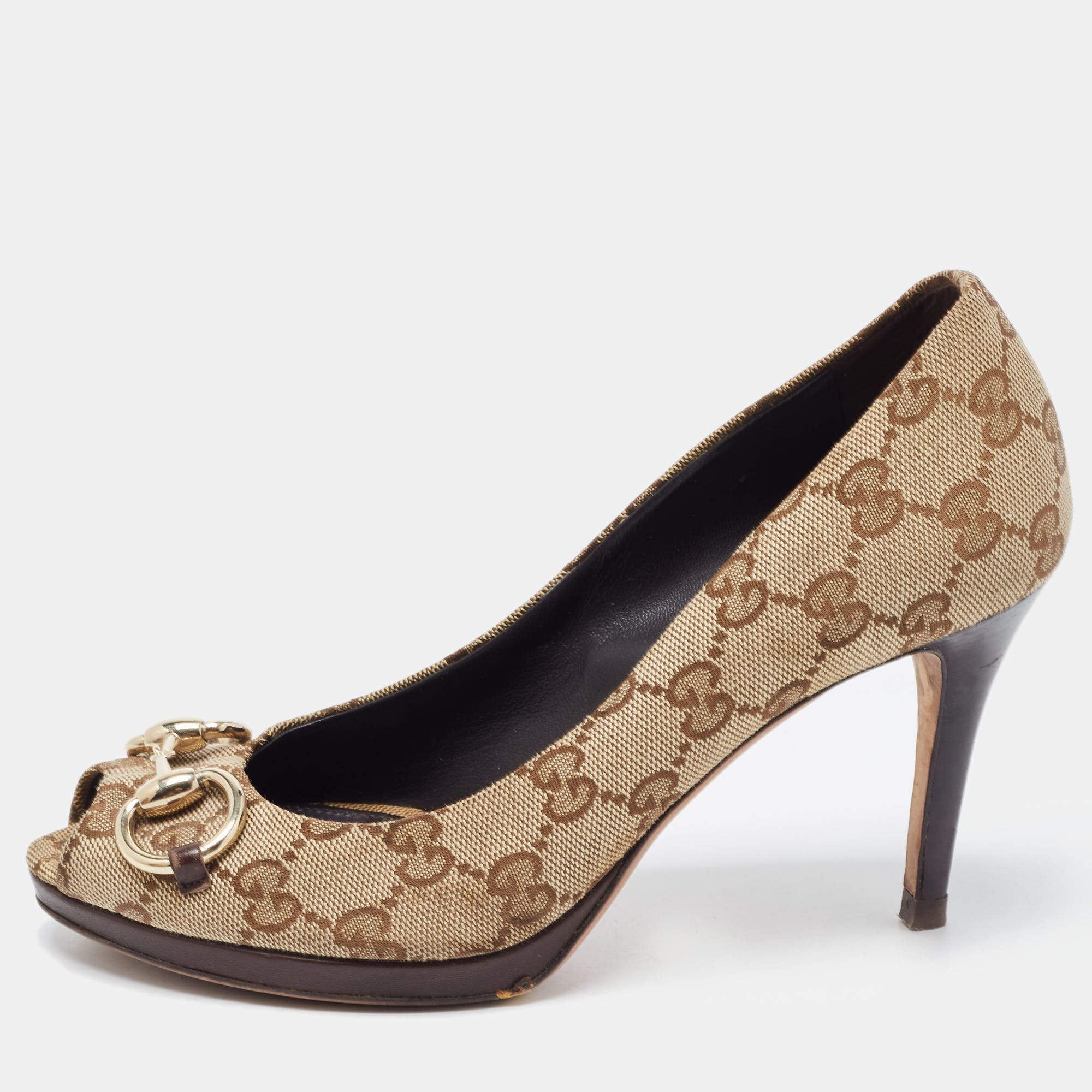 Pre Owned Gucci Beige Canvas Peep Toe Hollywood Pumps Size 37