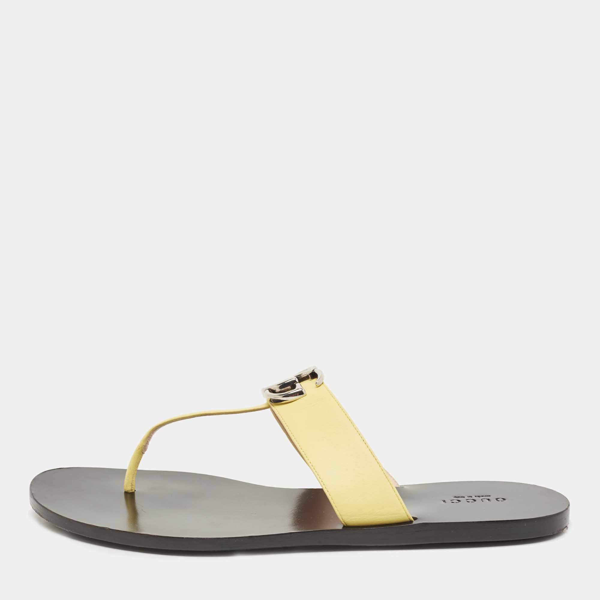 Pre Owned Gucci Yellow Leather Double G Thong Flats Size 39