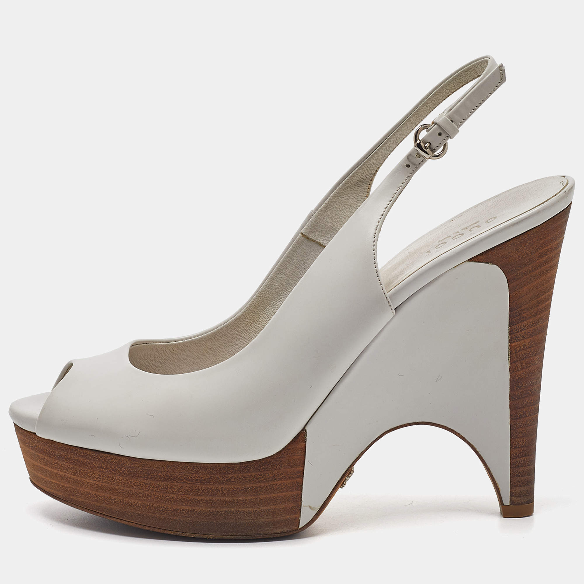 GUCCI White Wooden Platform Peep Toe Wedge Shoes with Box