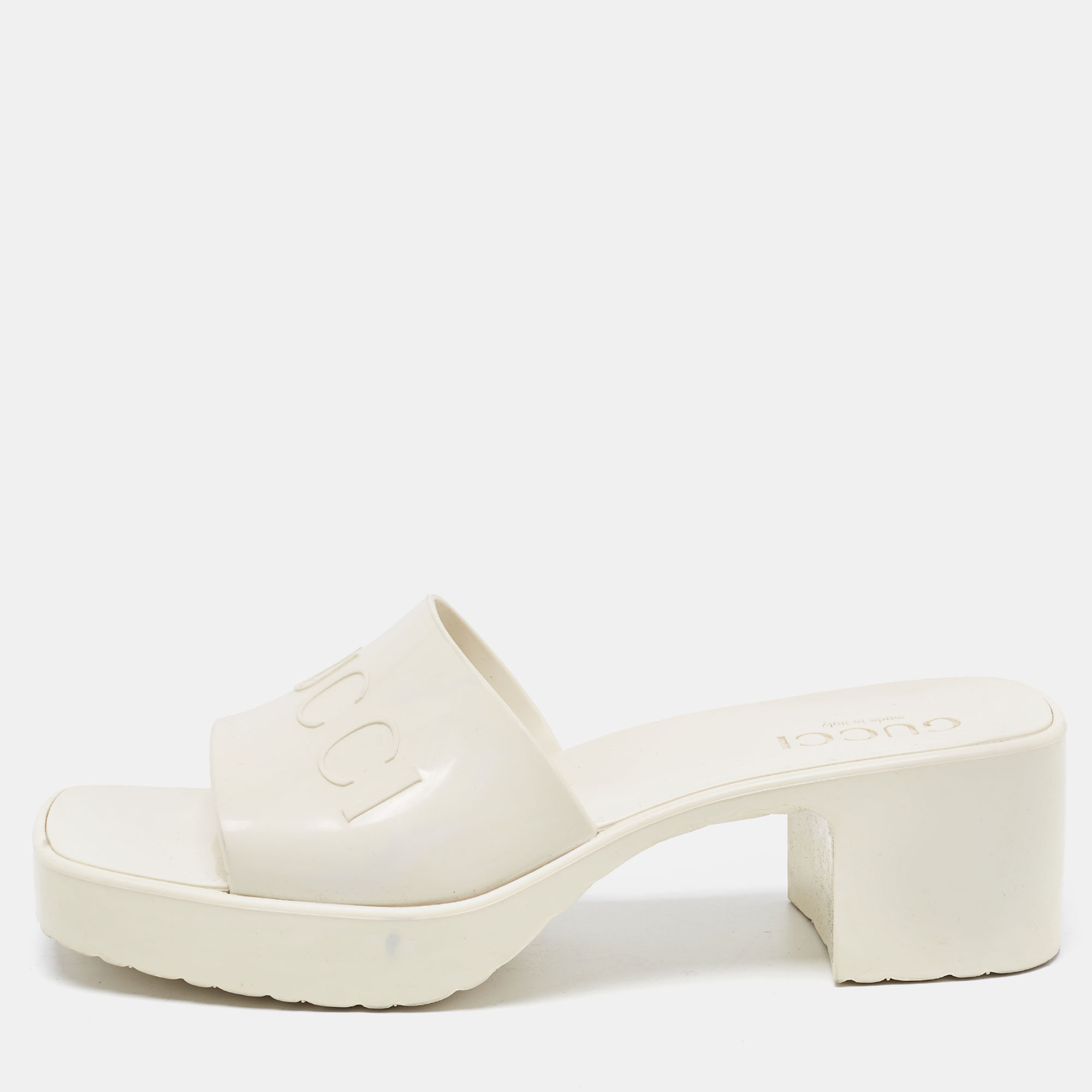 Gucci Off White Rubber Embossed Logo Slide Sandals Size 37