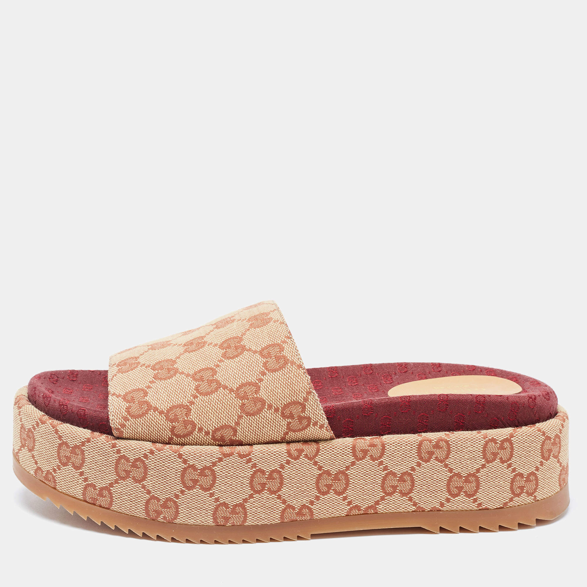 Gucci Beige GG Canvas Platform Flat Slides Size 38