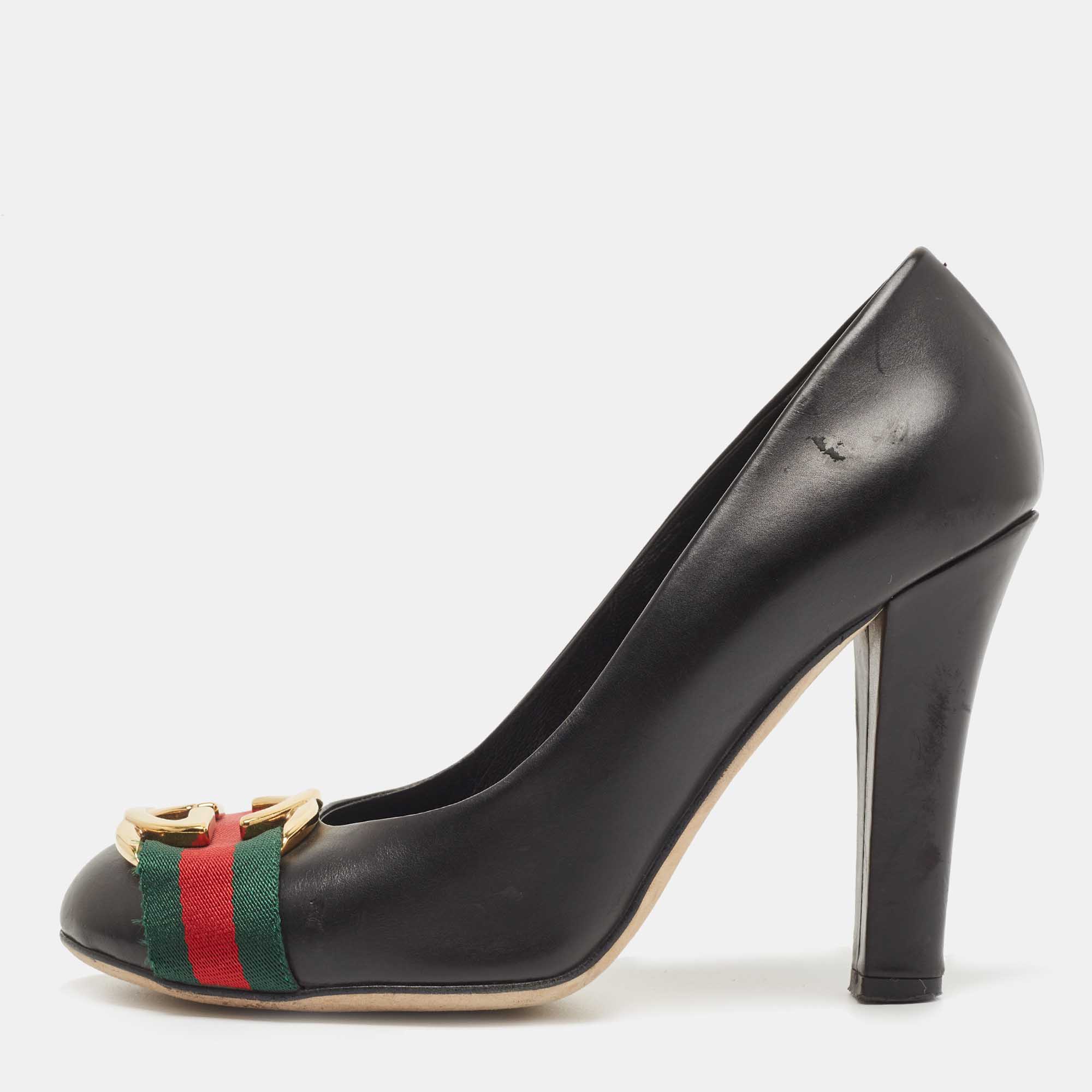 Pre Owned Gucci Black Leather Signature Web Interlocking G Buckle Pumps Size 37