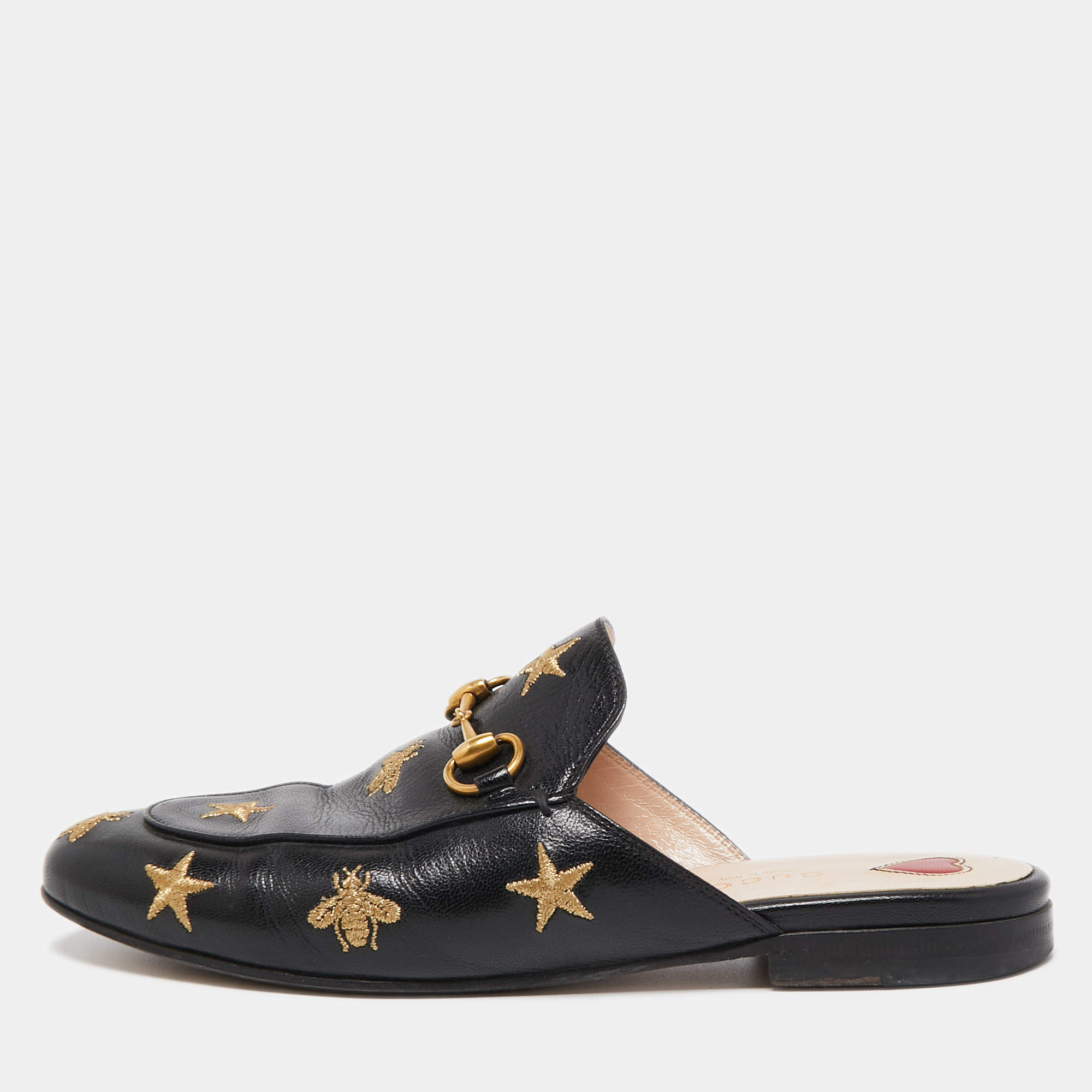 مملوكة مسبقًا Gucci Black Leather Bee Embroidered Princetown Mules Size 36