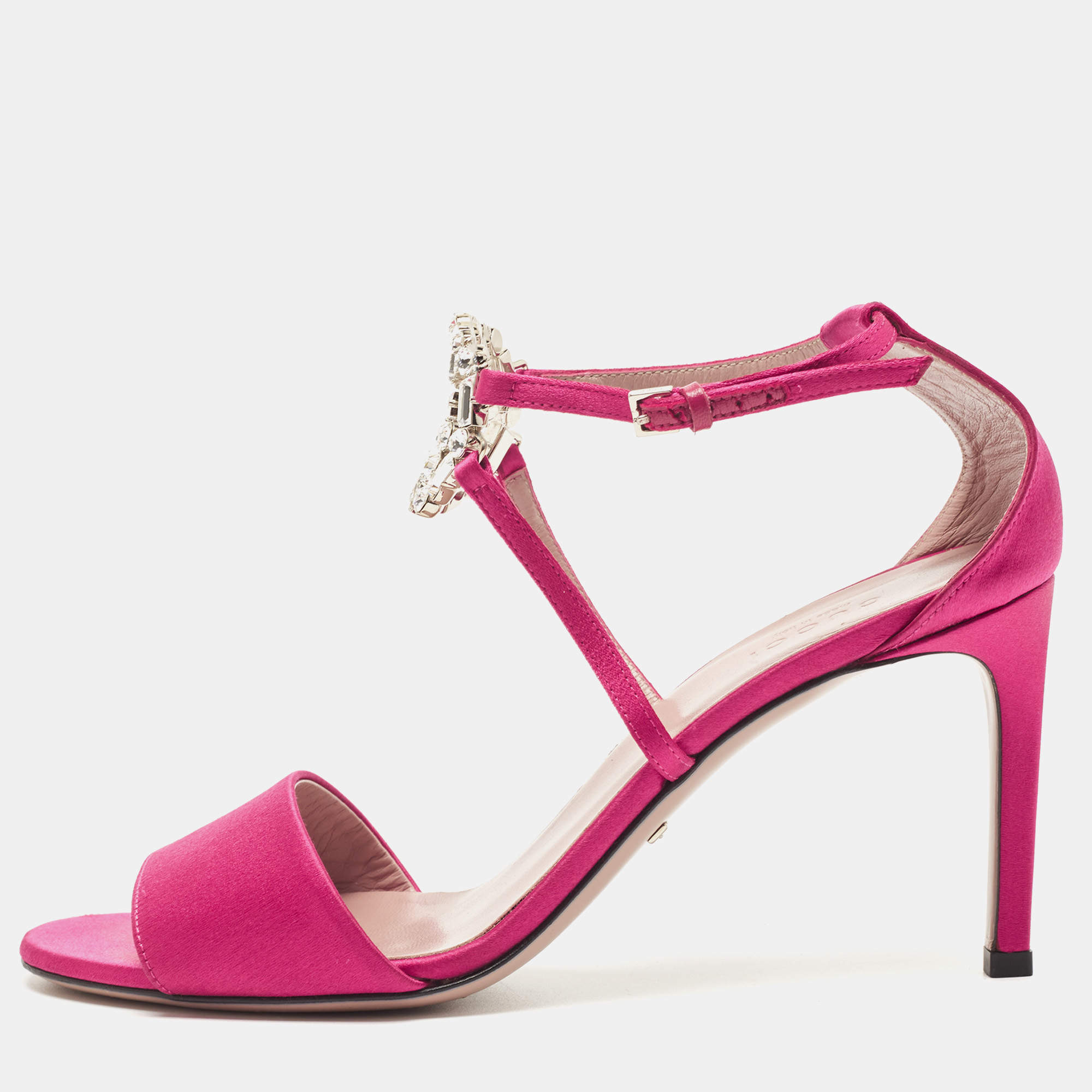 Pre Owned Gucci Pink Satin Crystal Embellished Ankle Strap Sandals Size 38