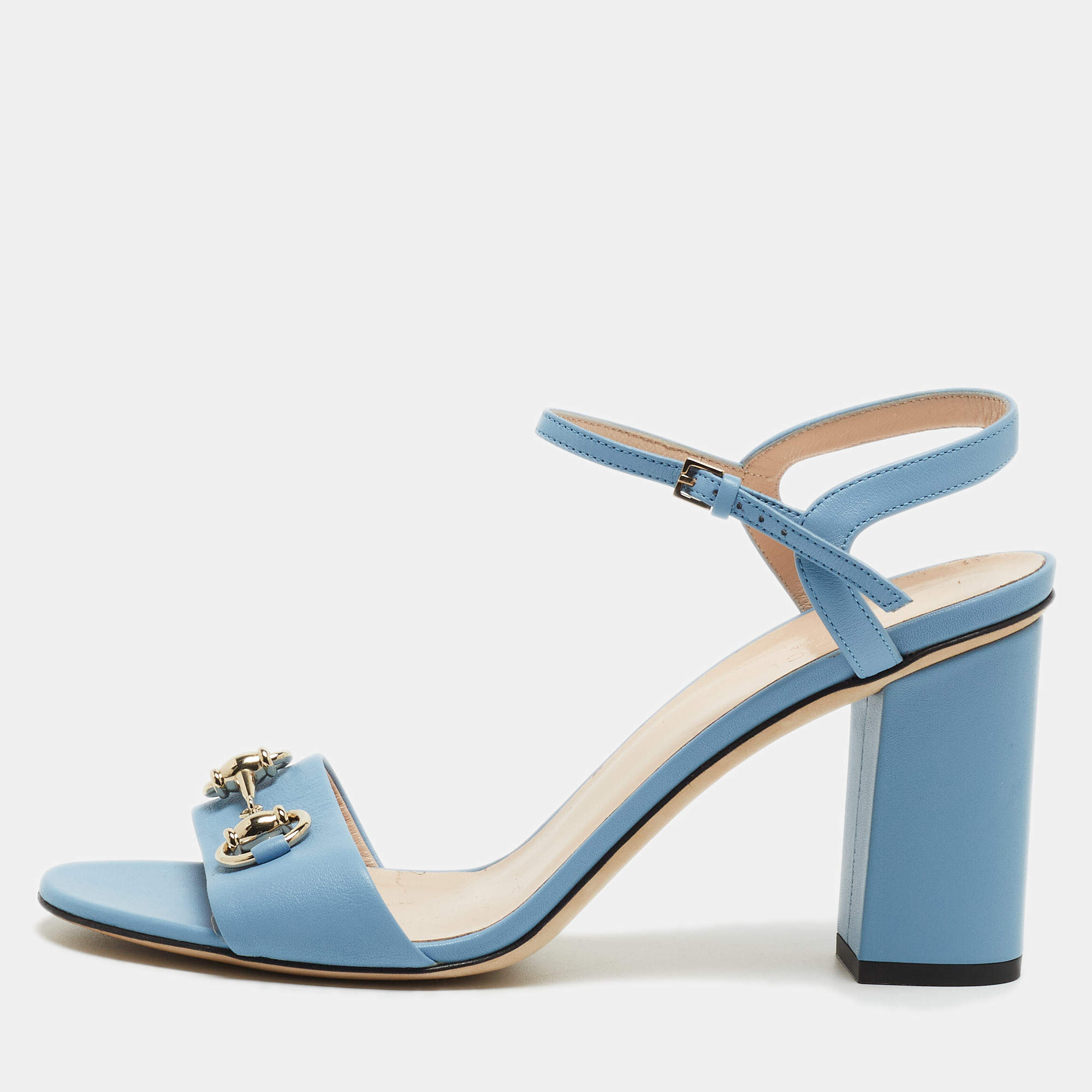 Gucci Blue Leather Horsebit Block Heel Ankle Strap Sandals Size 39