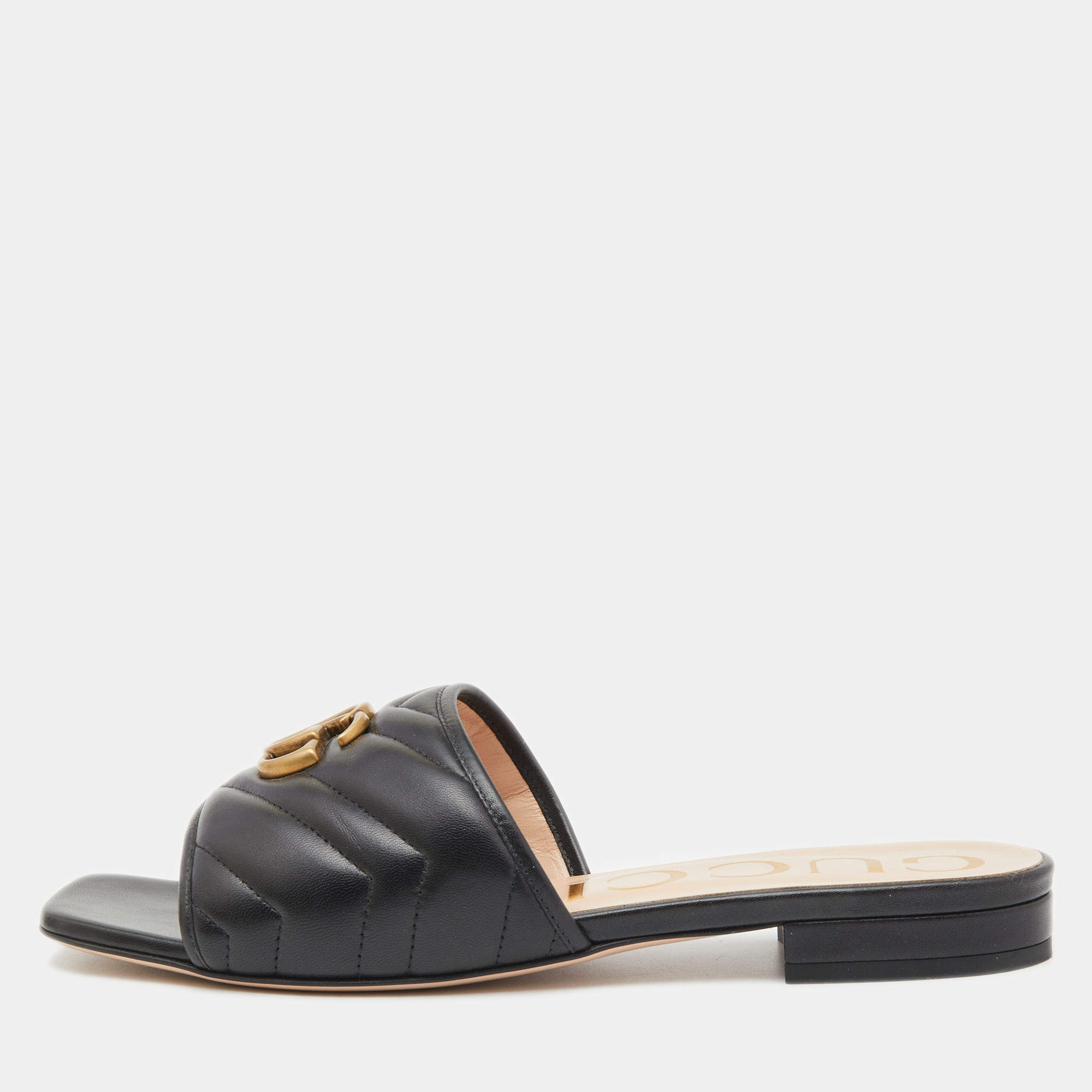 Gucci Black Leather Jolie G Logo Slides Size 38.5 