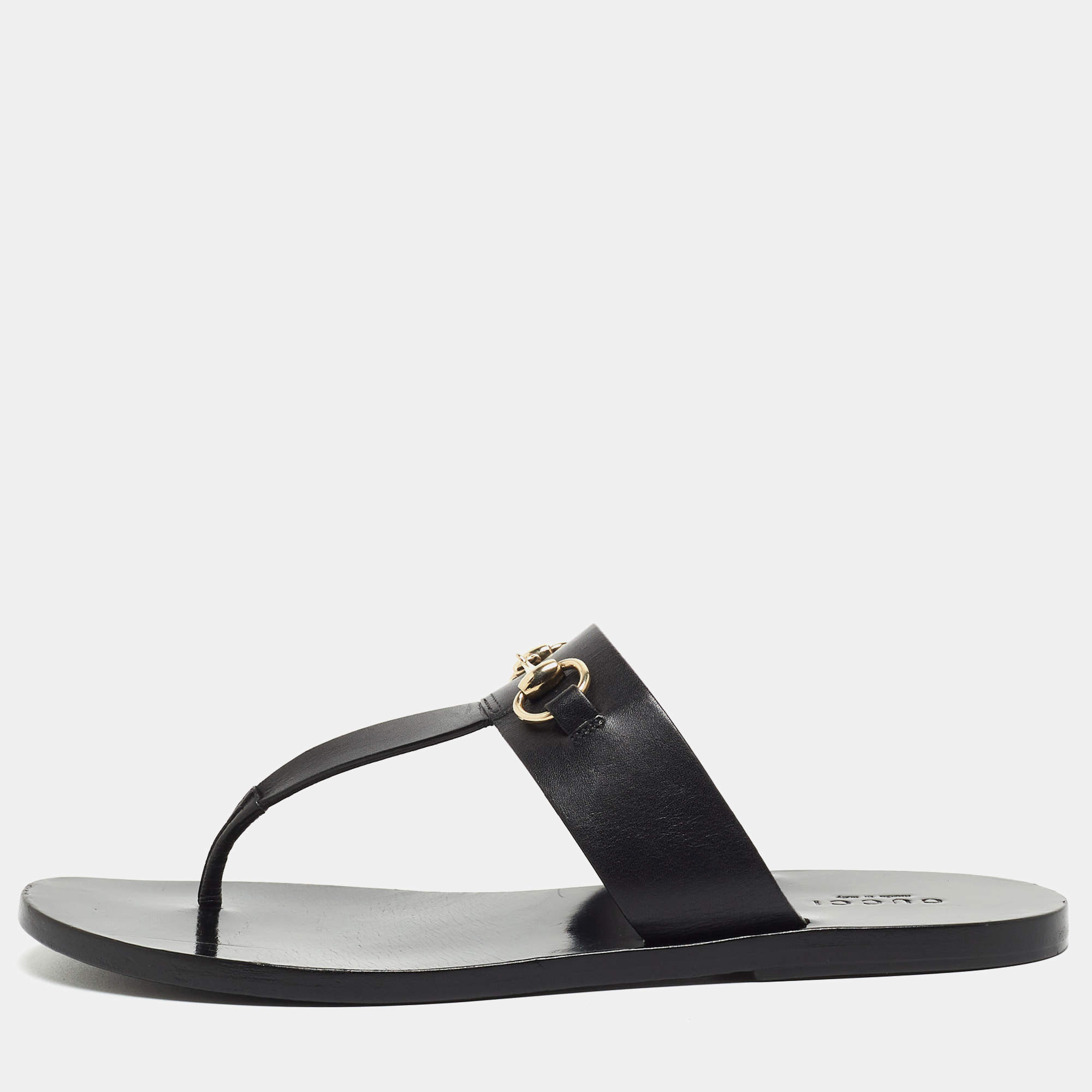 Pre Owned Gucci Black Leather Horsebit Thong Flats Size 36.5