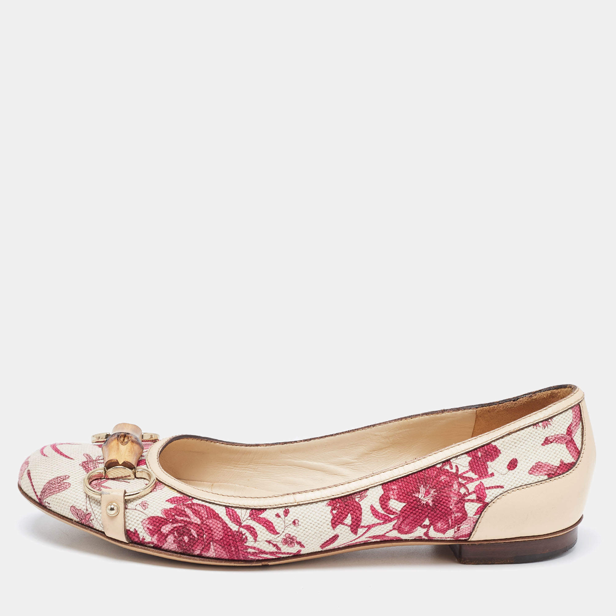 Pre Owned Gucci Multicolor Flora Canvas And Leather Bamboo Bit Ballet Flats Size 38