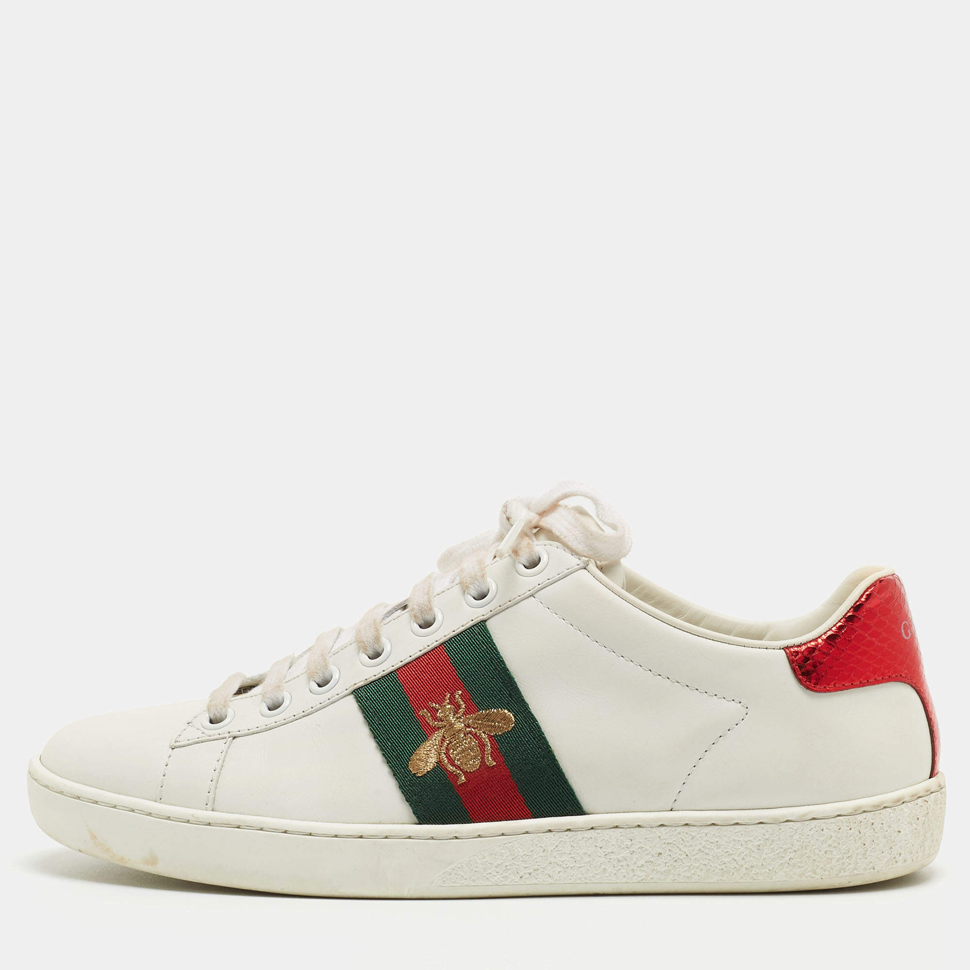 Gucci White Leather Web Ace Low Top Sneakers Size 36