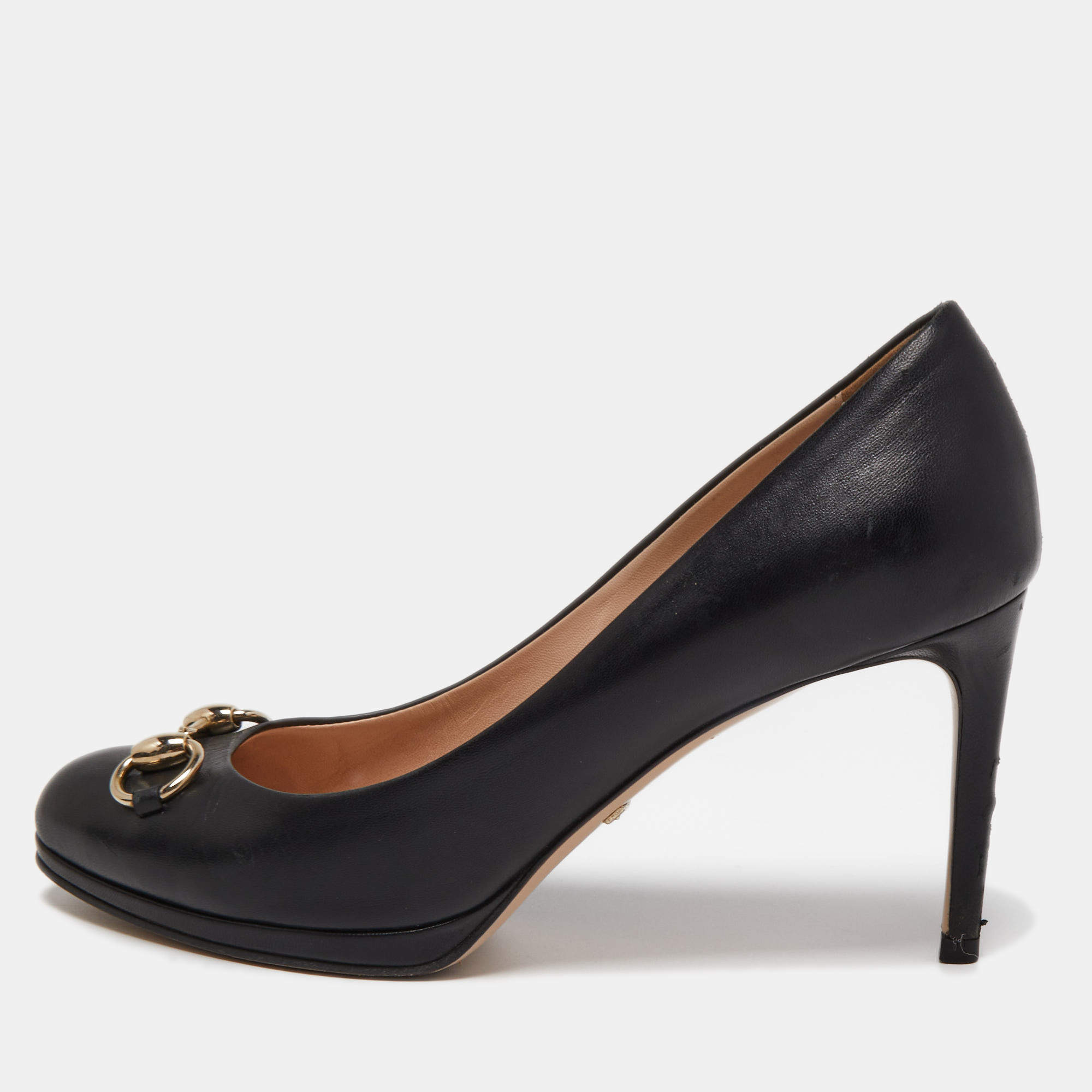 Pre Owned Gucci Black Leather Horsebit Platform Pumps Size 37