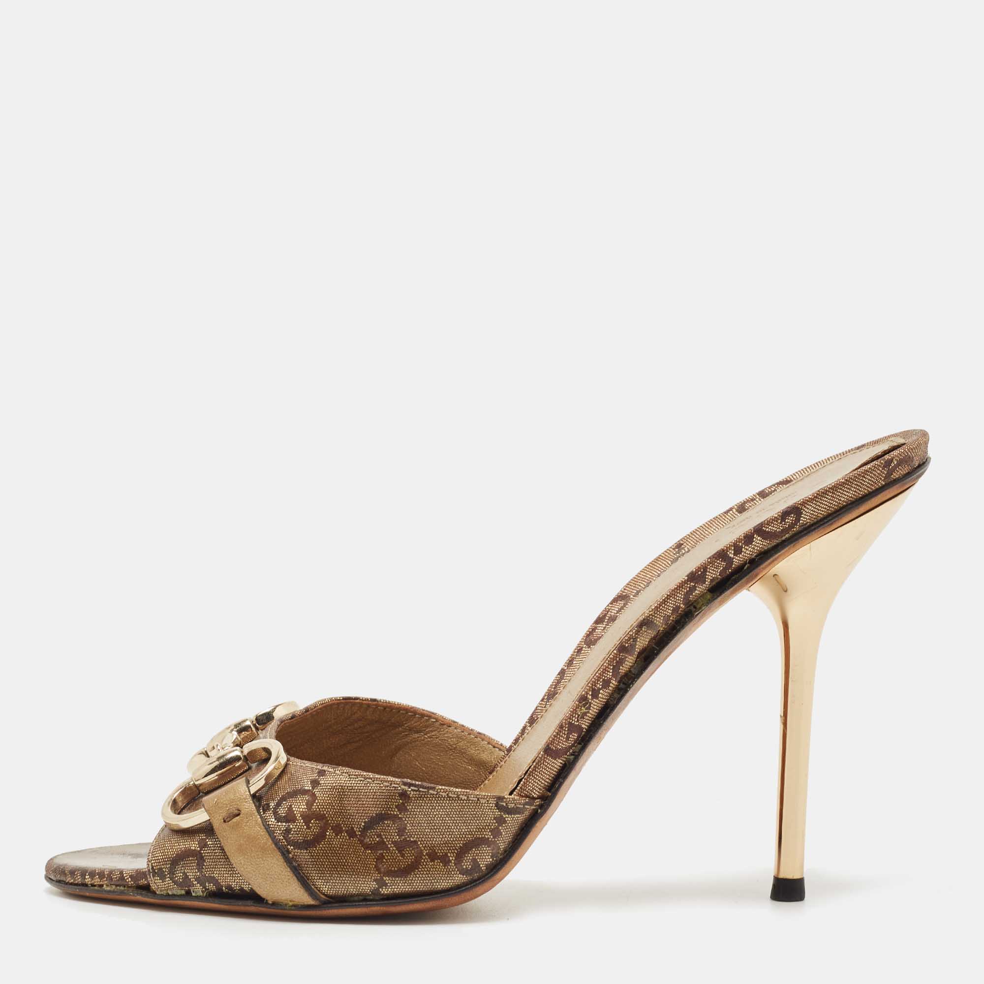 Gucci Metallic Bronze GG Canvas Horsebit Slides Size 37