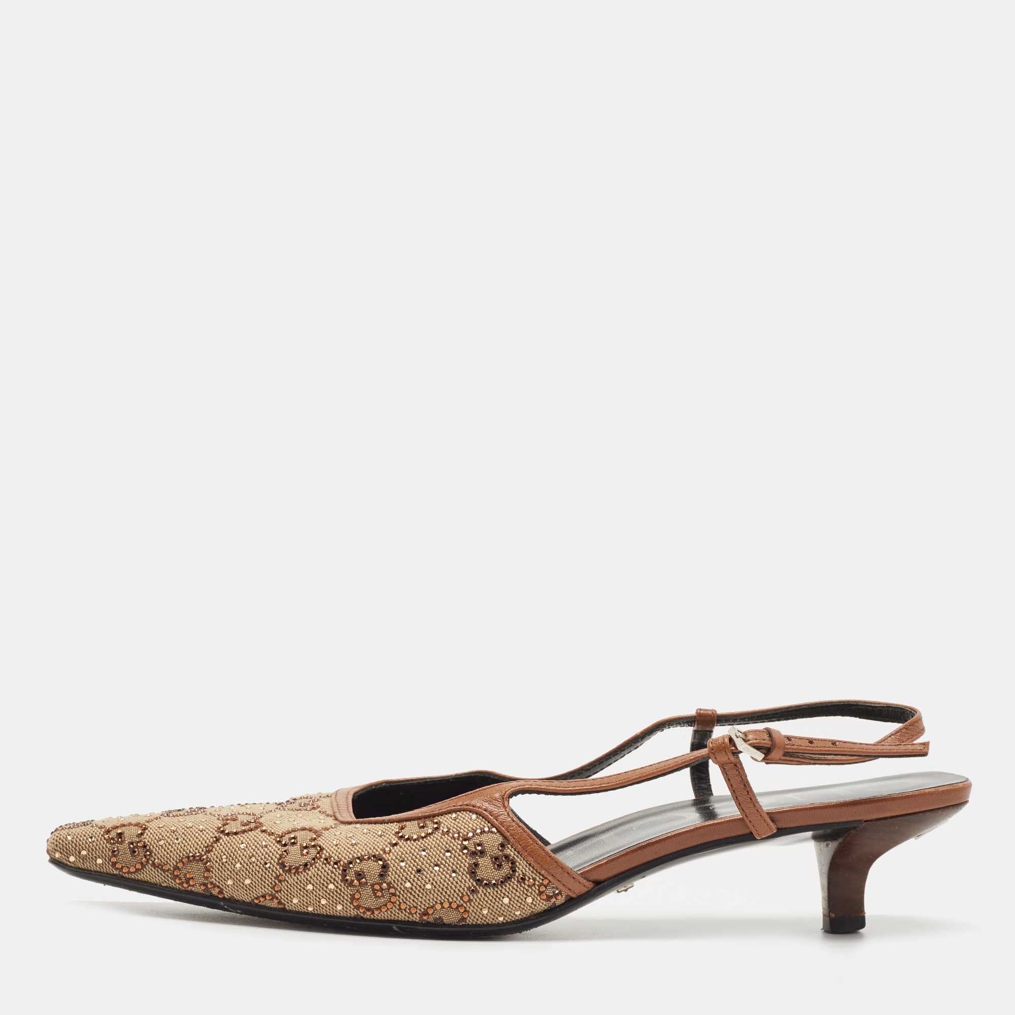 Gucci Beige/Brown Crystal Embellished GG Canvas Slingback