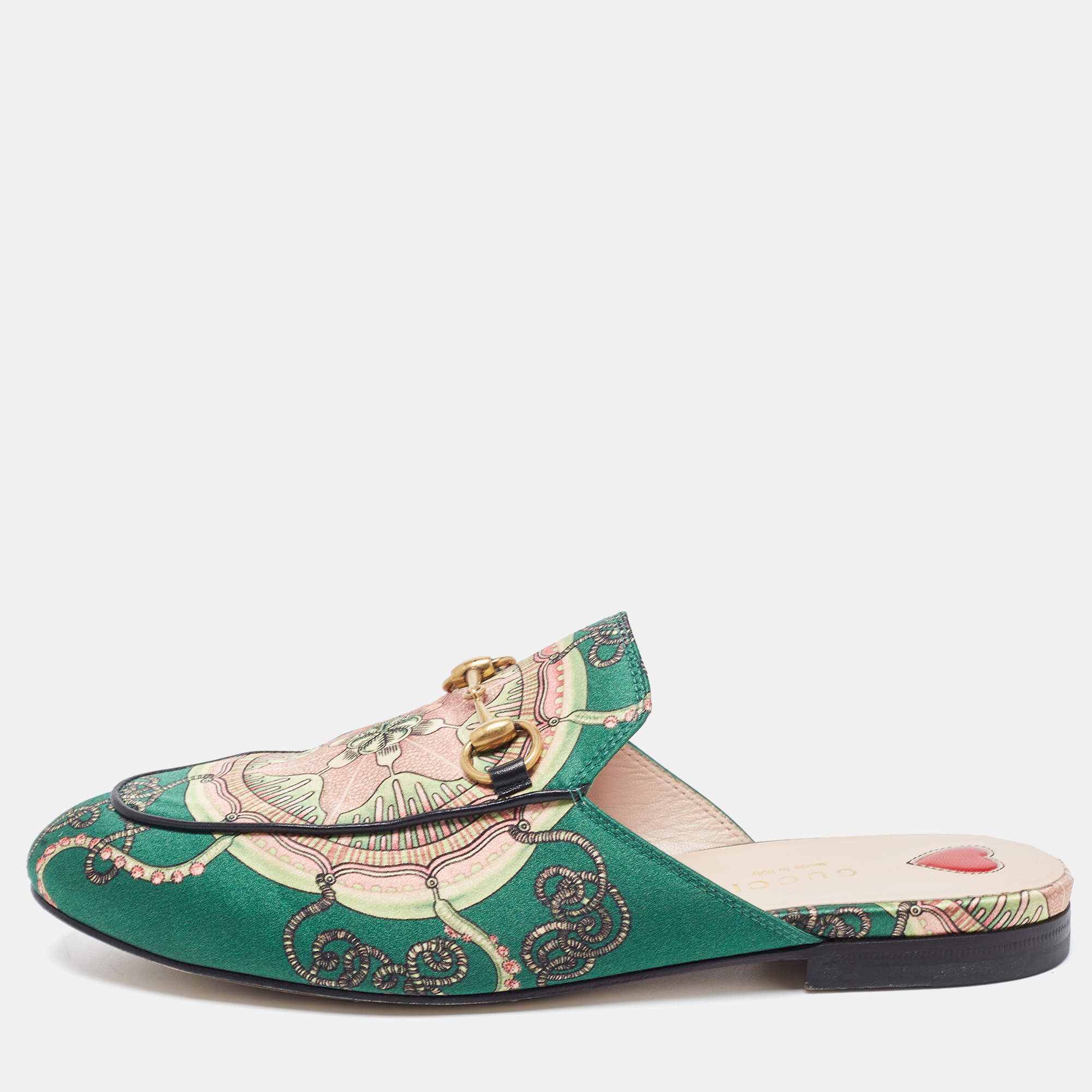 Gucci Green Printed Satin Princetown Mules Size 37