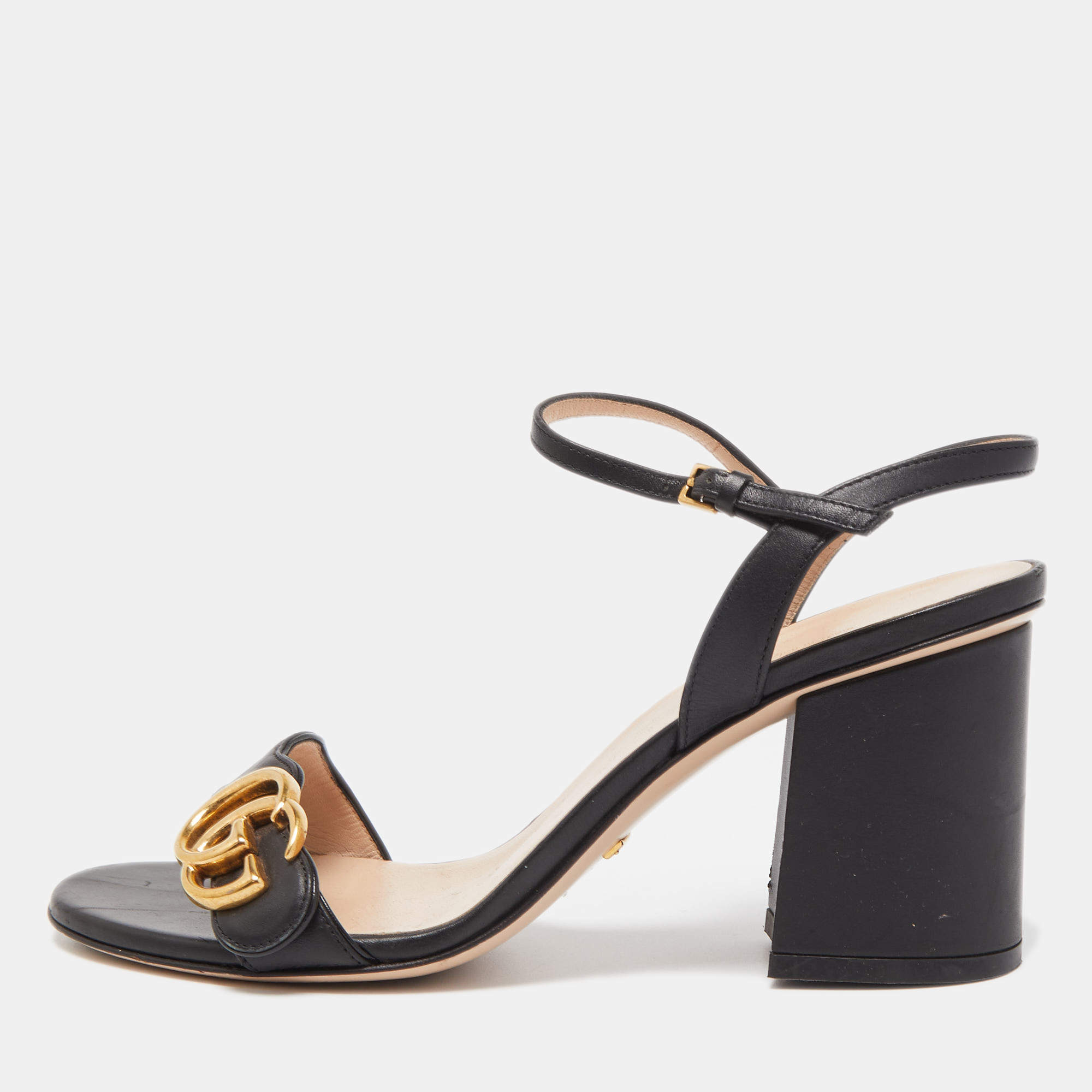 Pre Owned Gucci Black Leather GG Marmont Ankle Strap Sandals Size 37.5