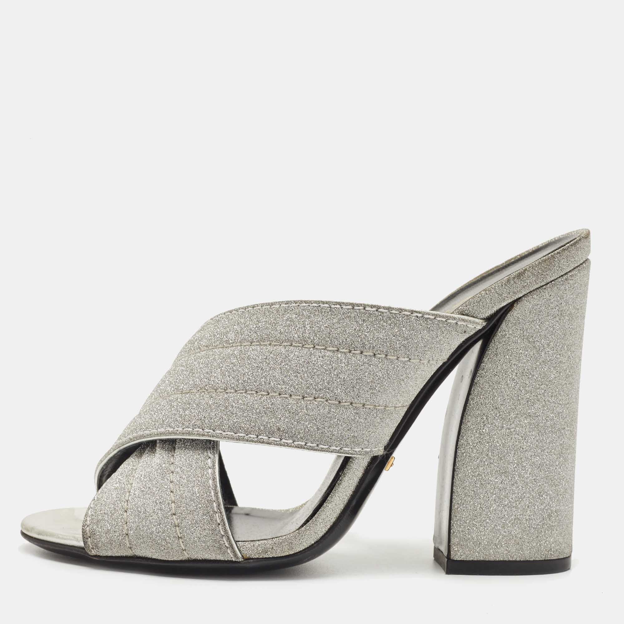 Pre Owned Gucci Silver Glitter Webby Criss Cross Slide Sandals Size 36.5