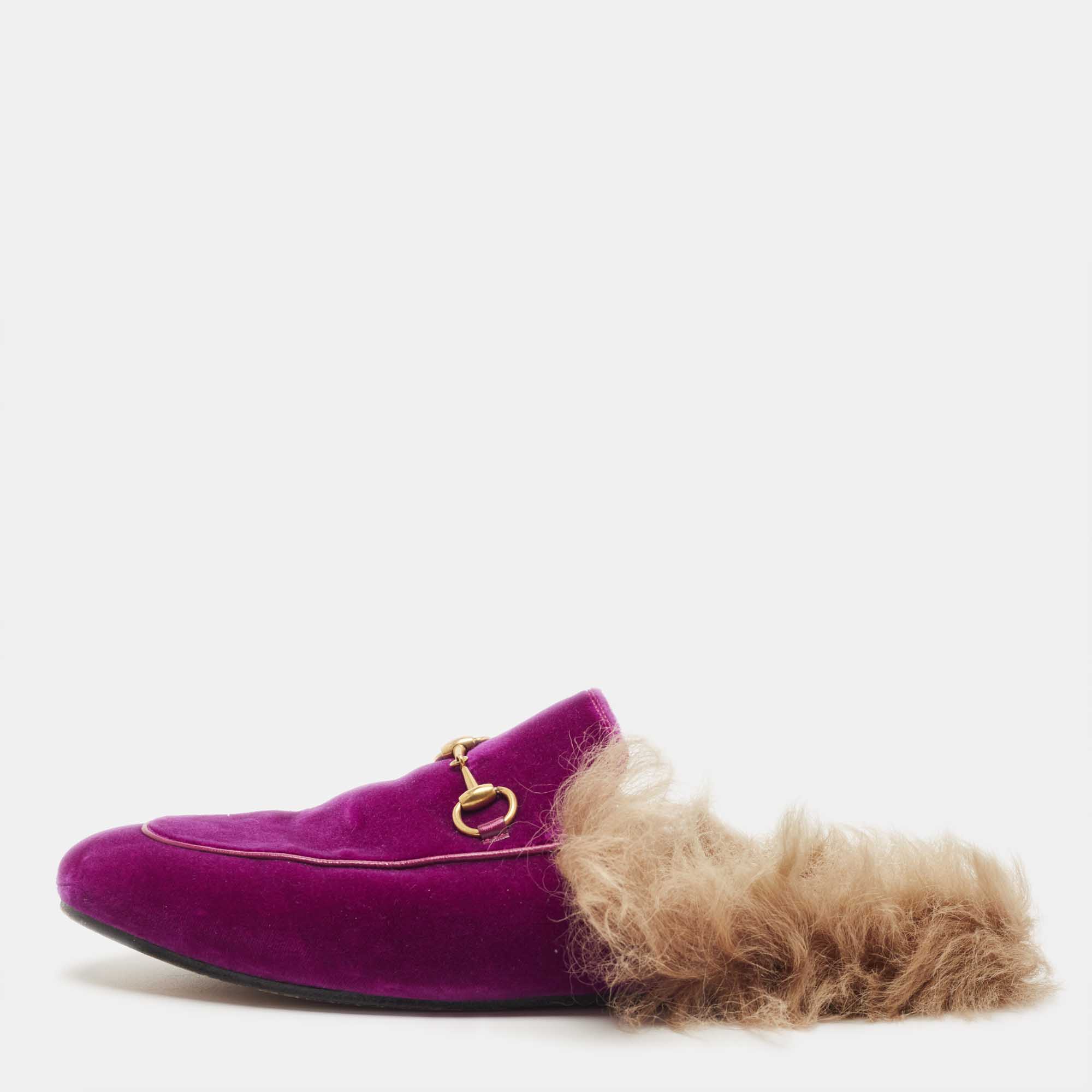 Gucci Purple Velvet and Fur  Princetown Mules Size 40