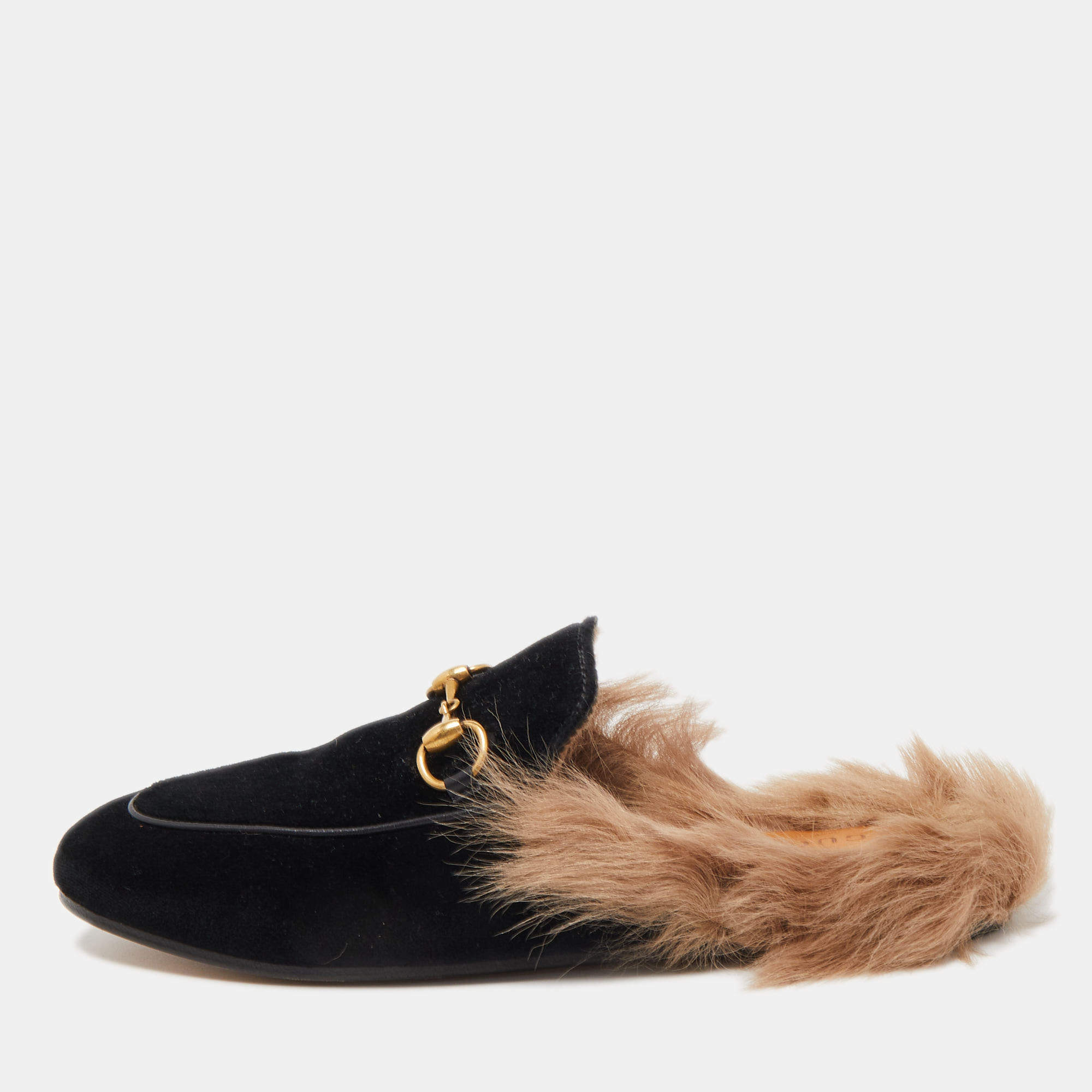 Pre Owned Gucci Black Velvet and Fur Princetown Flat Mules Size 36.5