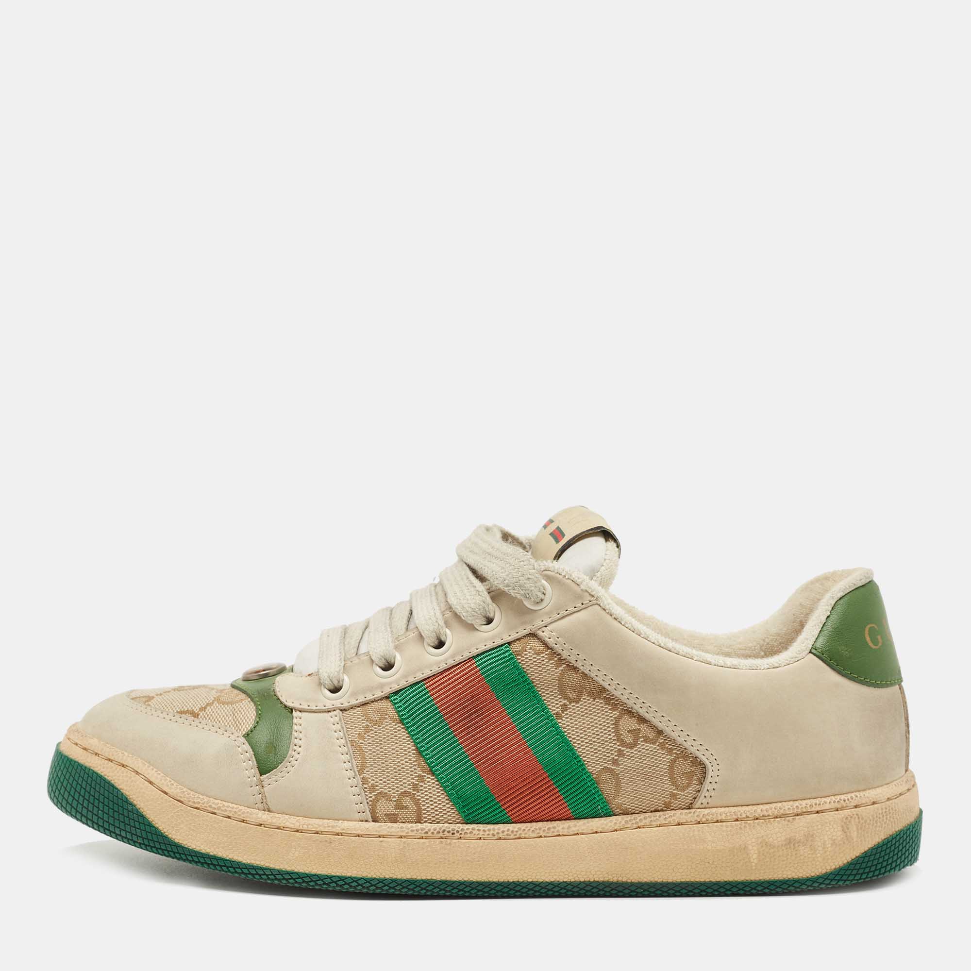 Pre Owned Gucci Beige/Brown Nubuck Leather and GG Canvas Screener Sneakers Size 39.5