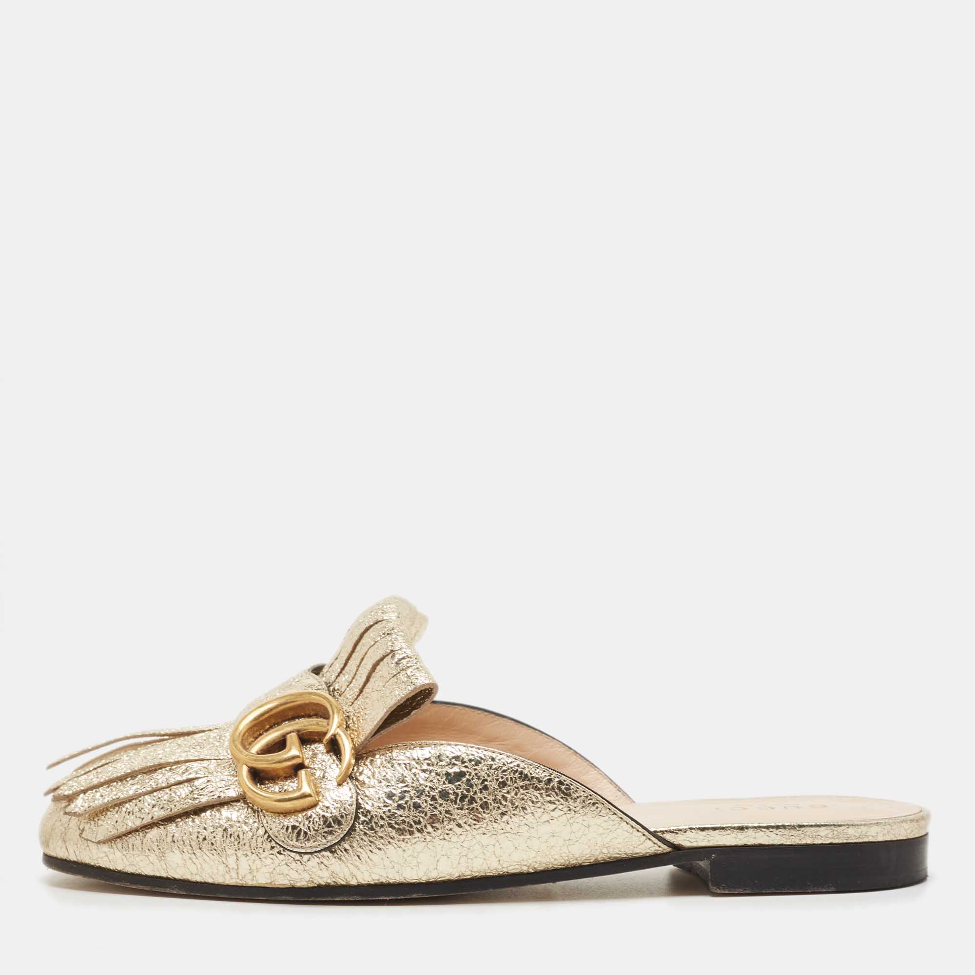 Gucci Gold Foil Leather GG Marmont Fringe Detail Flat Mules Size 36