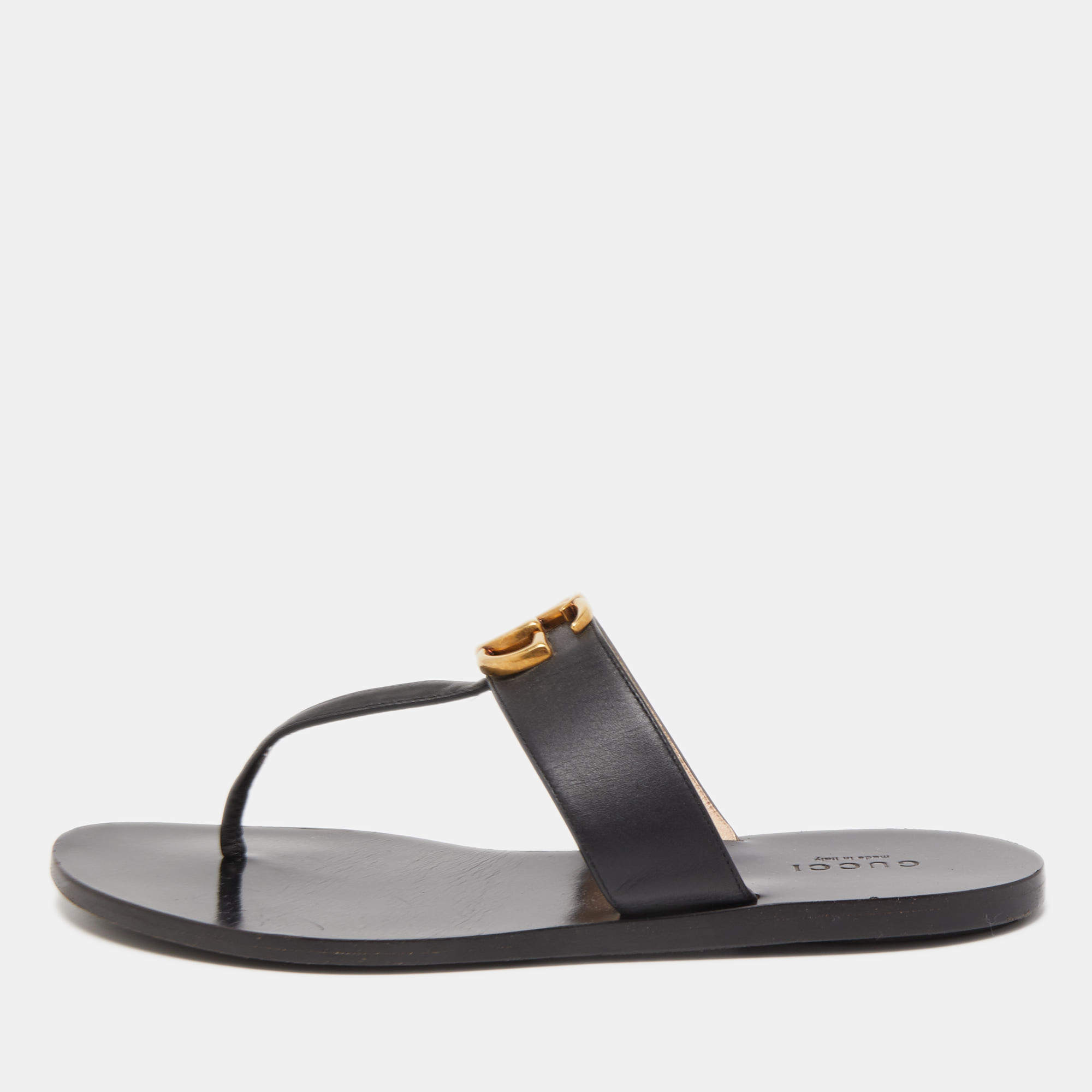 Gucci Black Leather GG Marmont Thong Flats Size 37