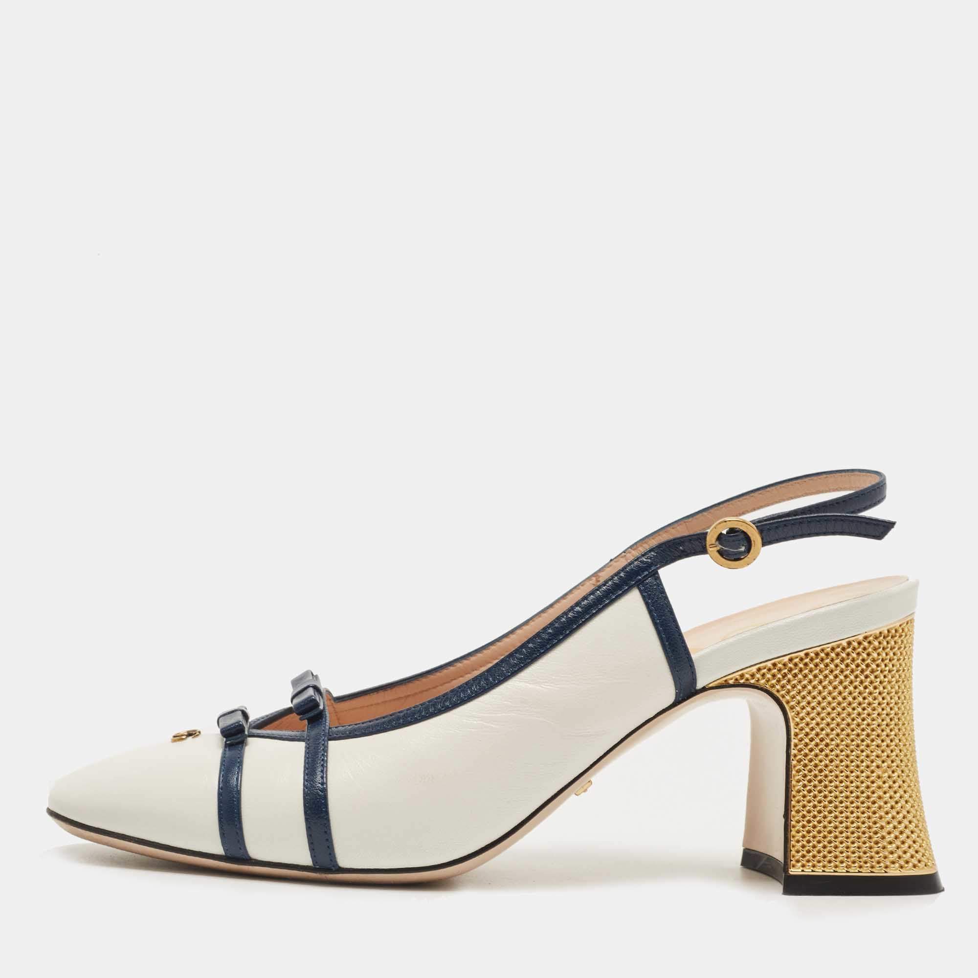 Pre Owned Gucci White/Navy Blue Leather Double Bow Slingback Pumps Size 36