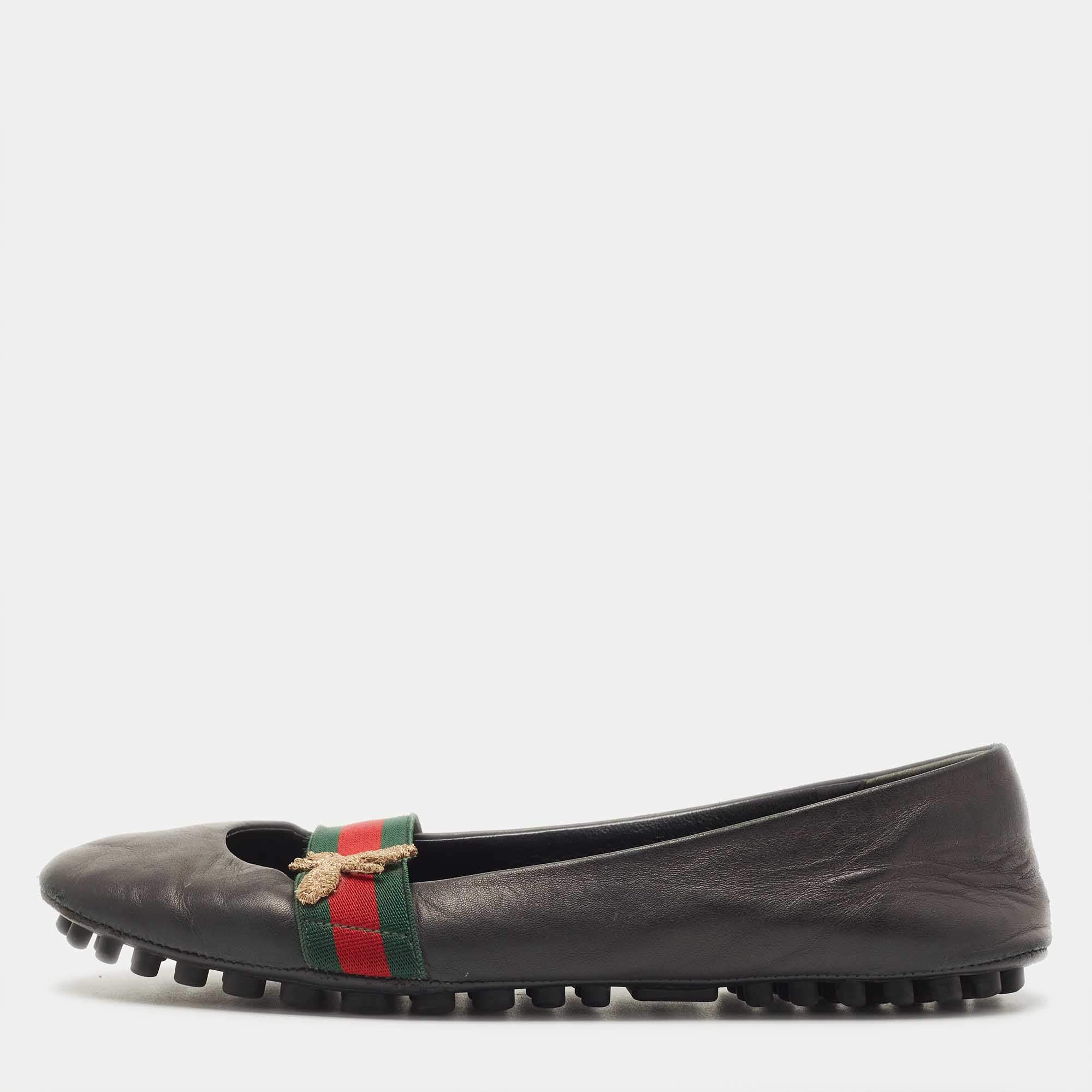 Pre Owned Gucci Black Leather Bayadere Bee Flats Size 35