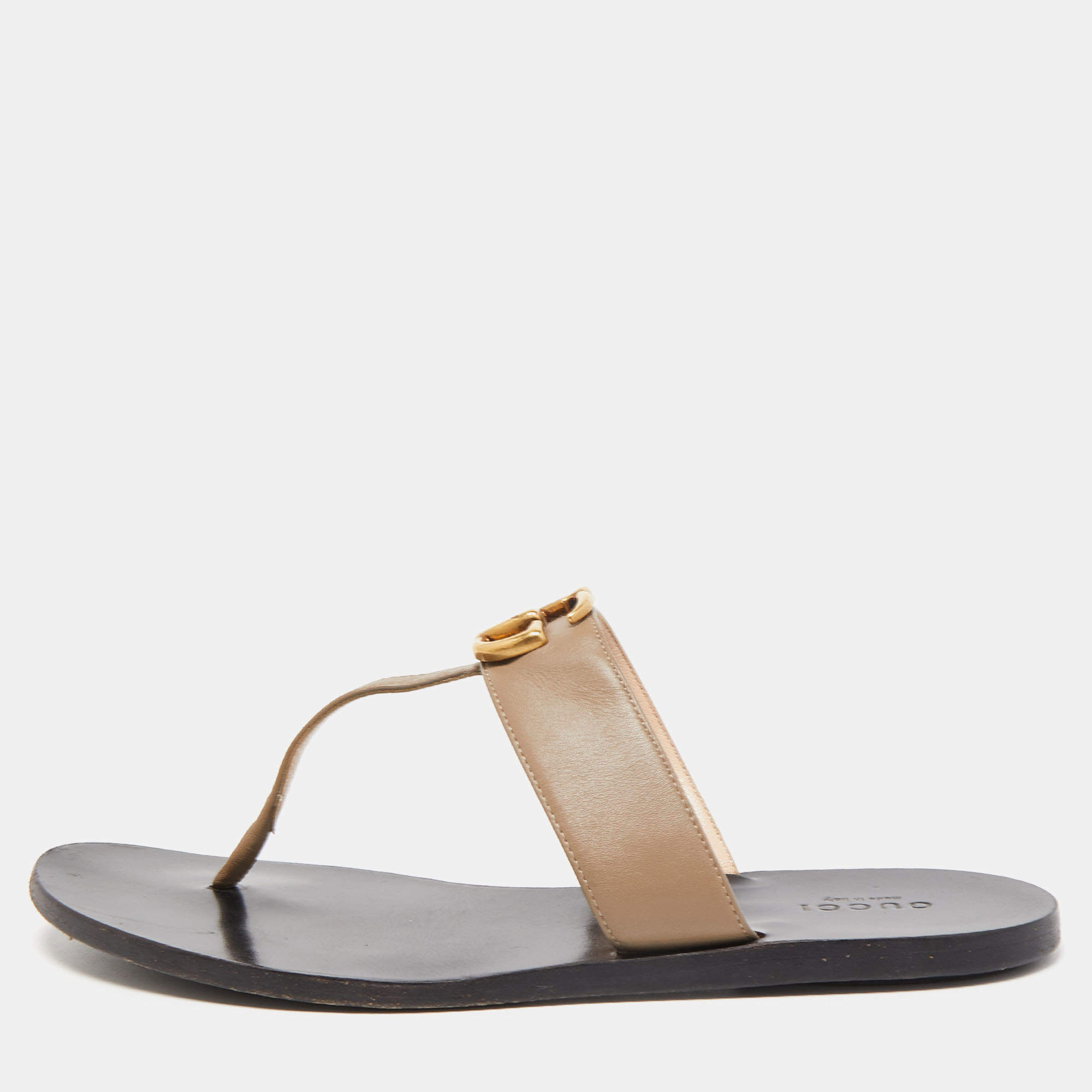 Pre Owned Gucci Light Brown Leather GG Marmont Thong Flats Size 37