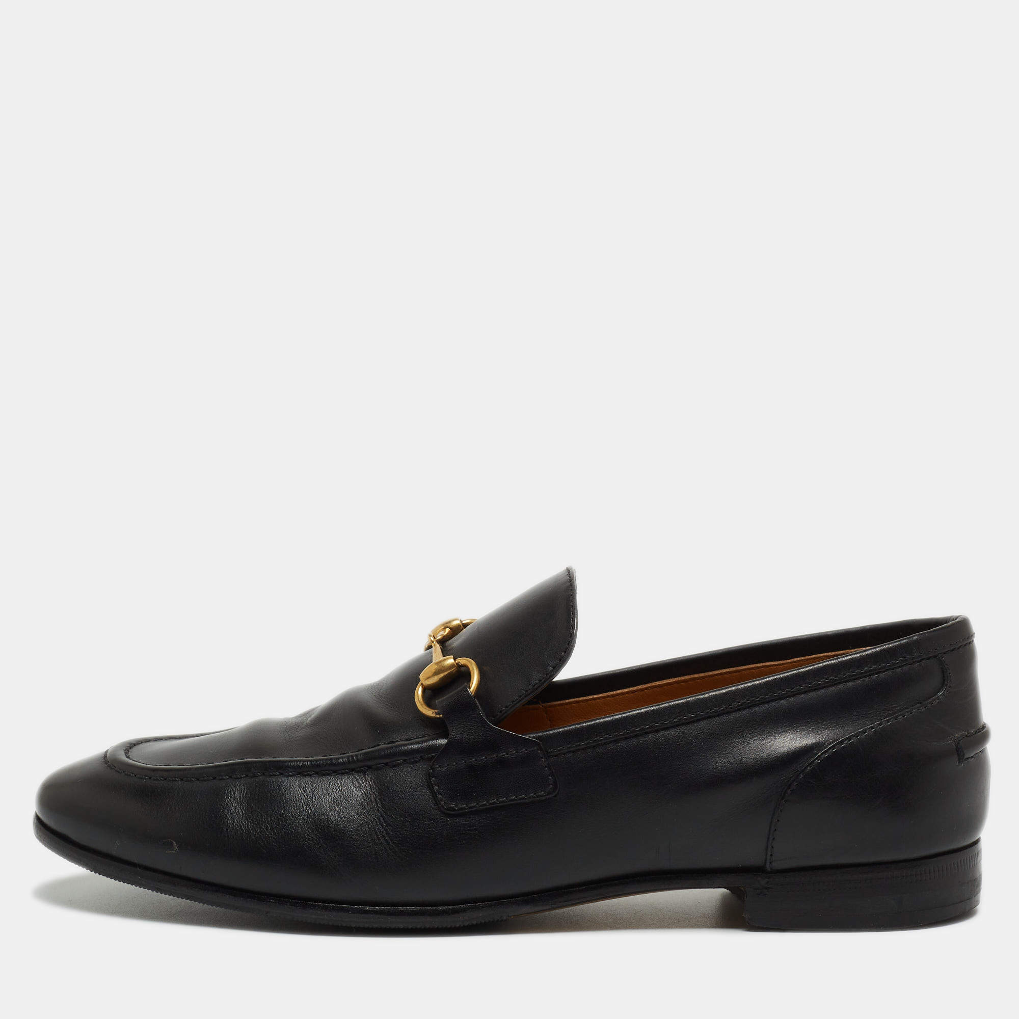 Pre Owned Gucci Black Leather Jordaan Horsebit Slip On Loafers Size 38