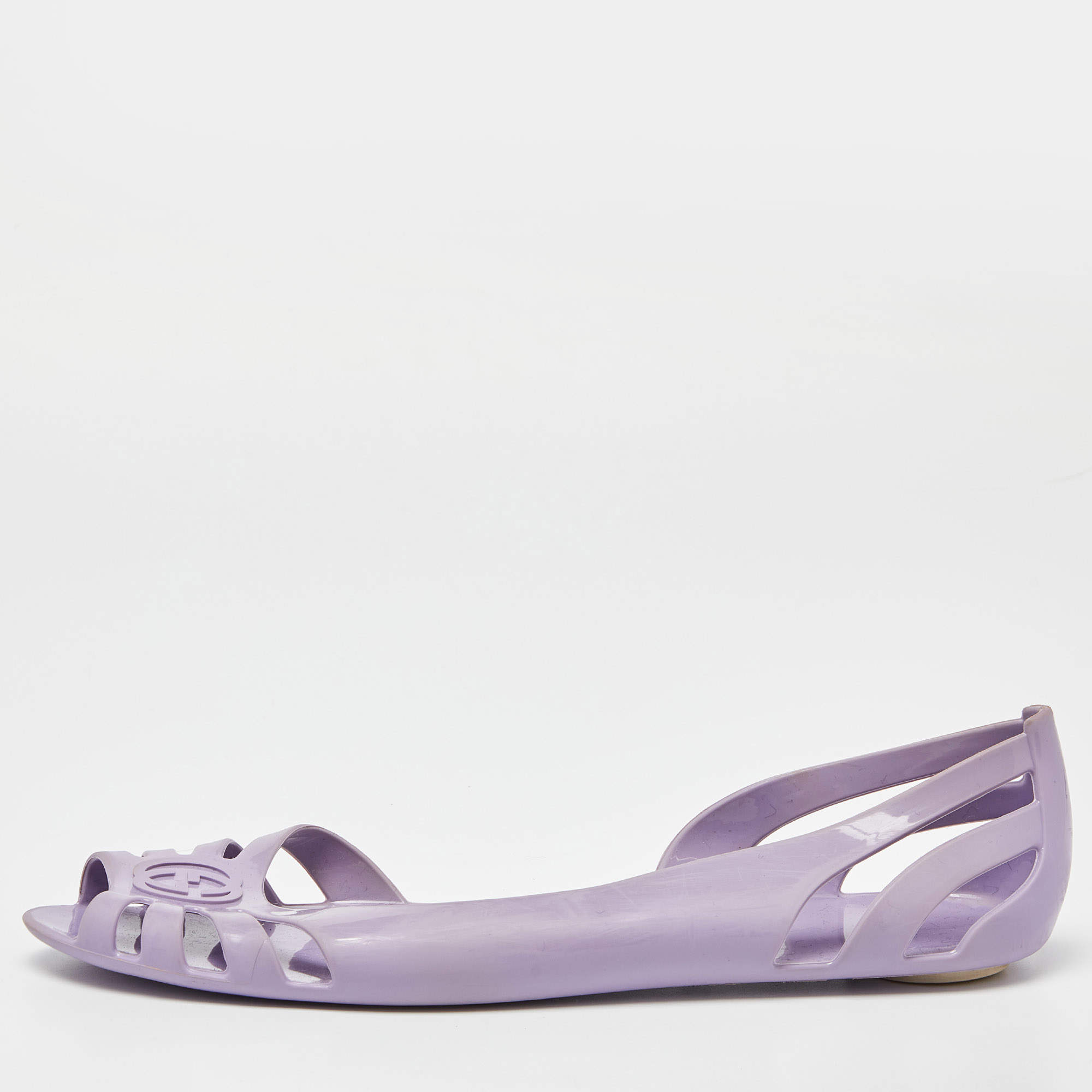 Pre Owned Gucci Purple Jelly Interlocking G Peep Toe D'orsay Flats Size 41.5