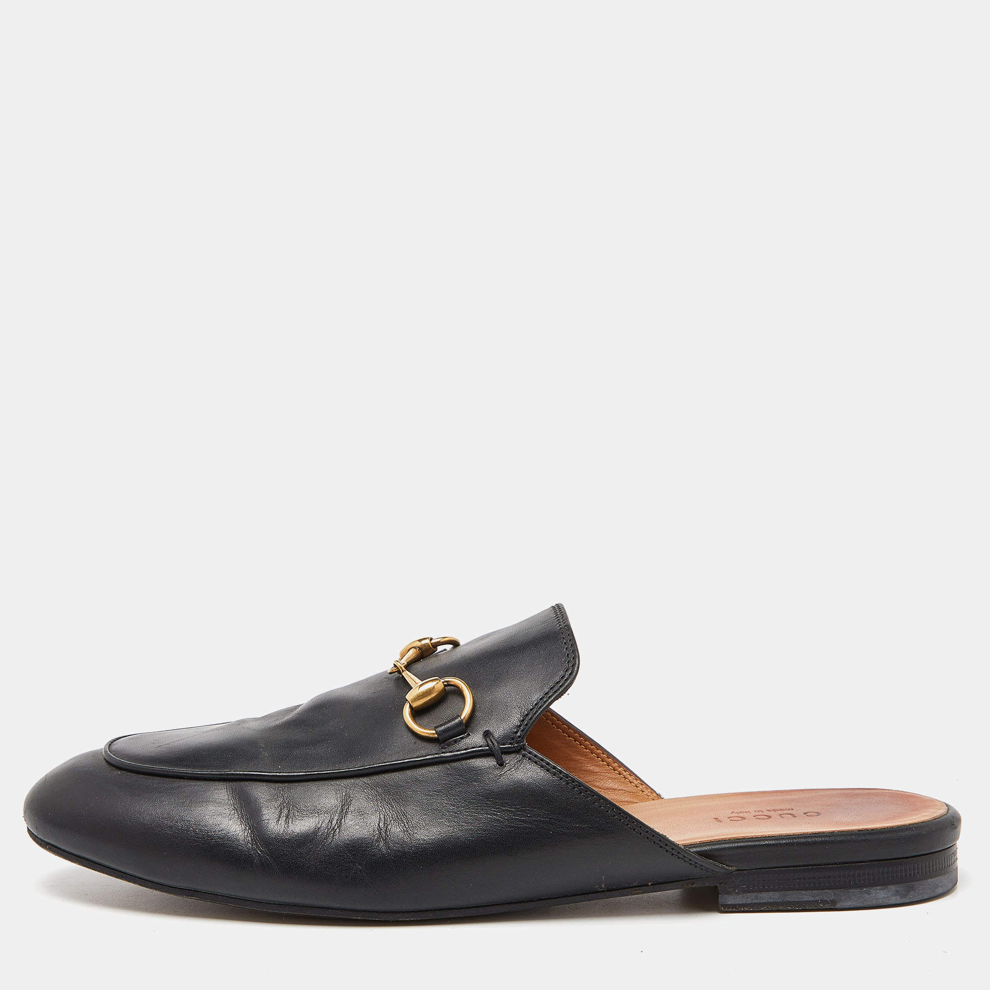 Pre Owned Gucci Black Leather Horsebit Princetown Flat Mules Size 38.5