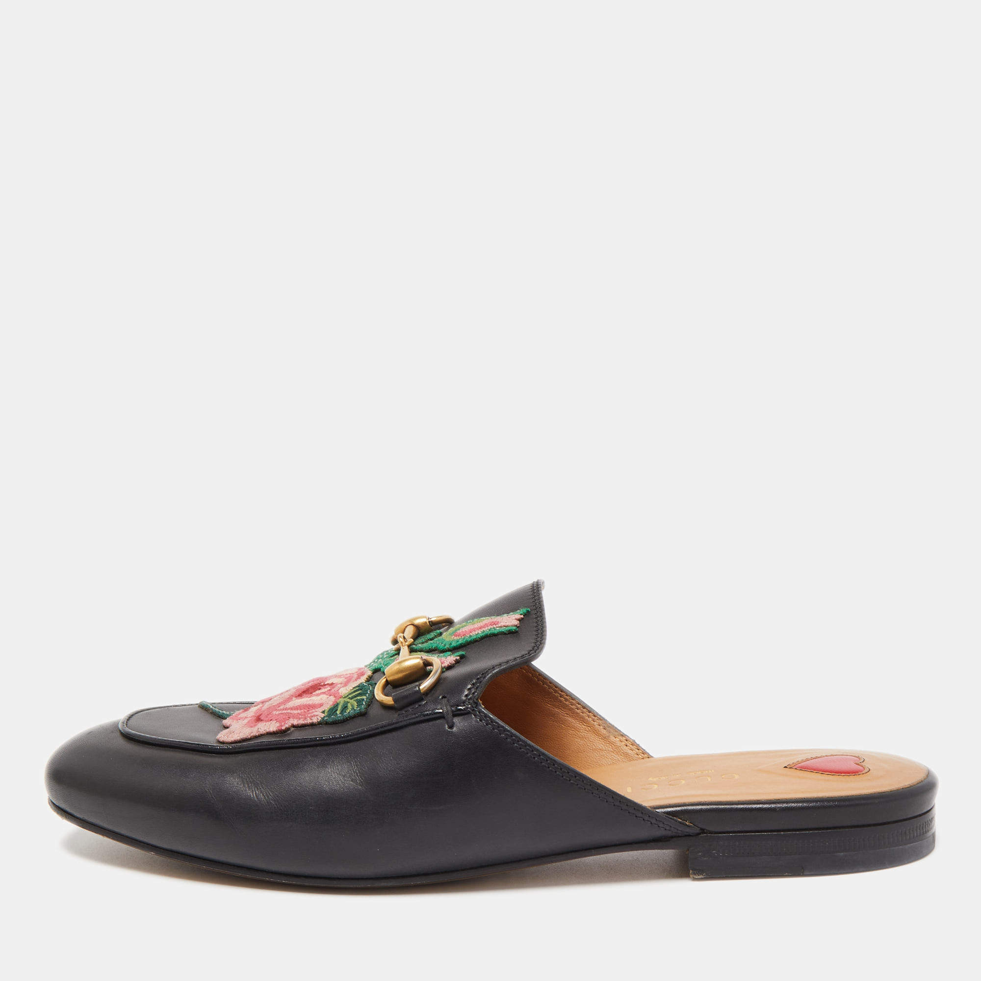 Pre Owned Gucci Black Floral Embroidered Leather Princetown Mules Size 36.5