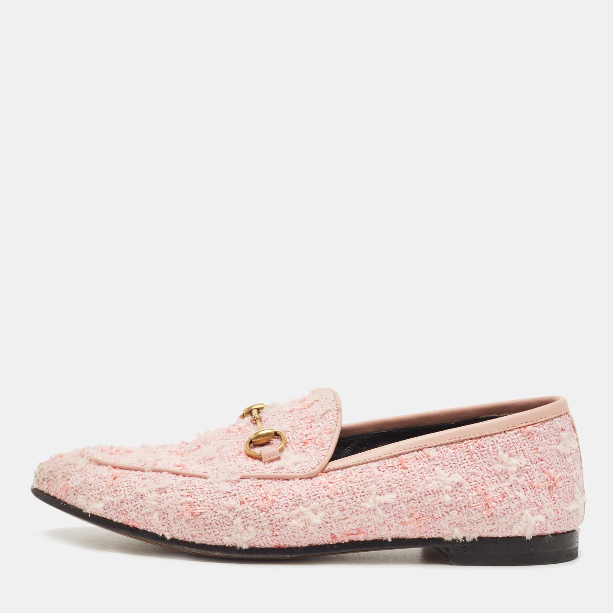 Pre Owned Gucci Pink Tweed Horsebit Jordaan Loafers Size 37