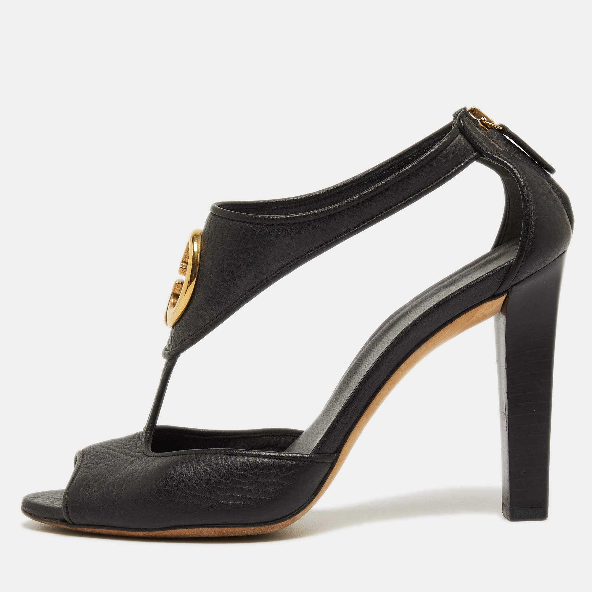 Pre Owned Gucci Black Leather Ankle Strap Sandals Size 37