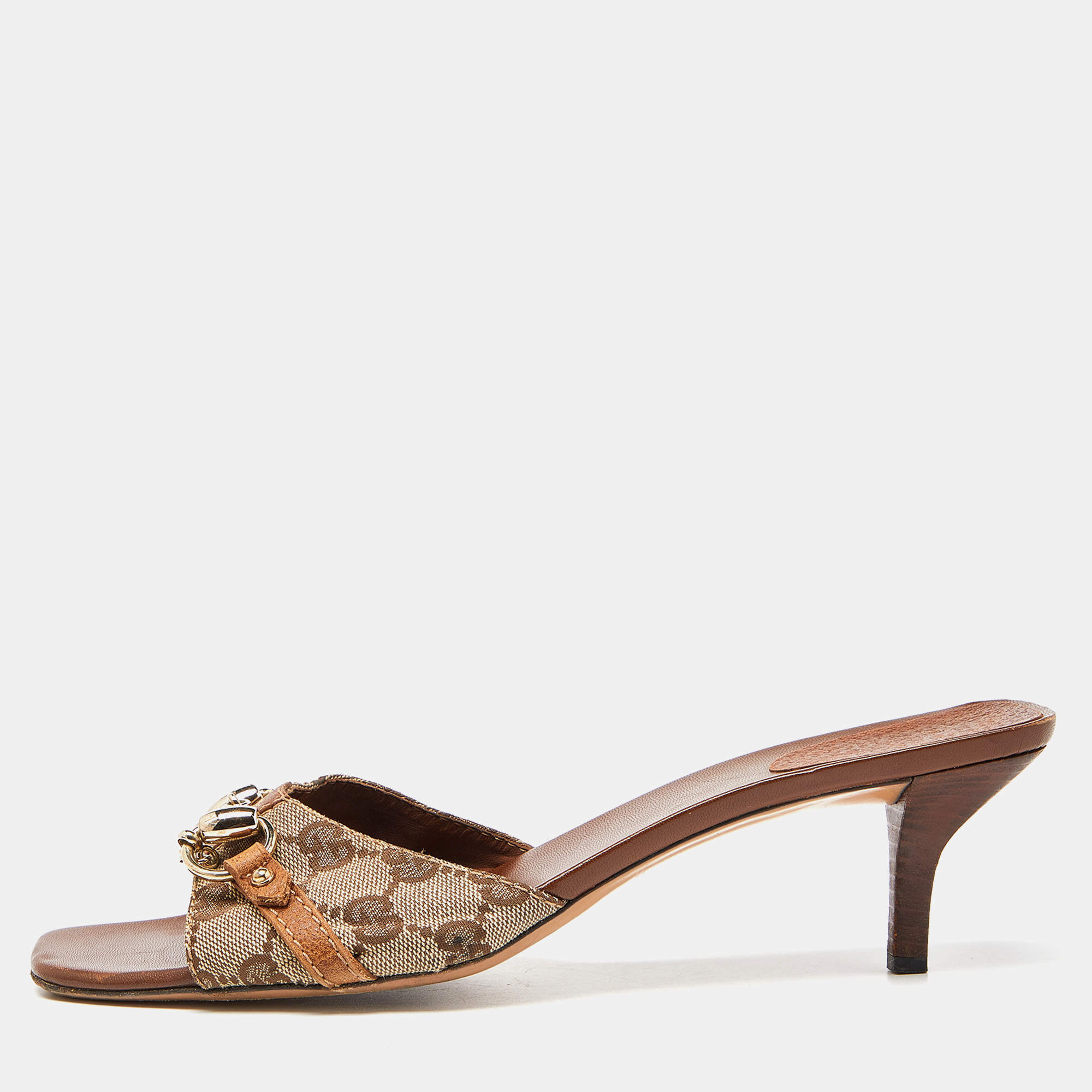 Gucci Beige/Brown GG Canvas and Leather Horsebit Slide Sandals Size 39.5