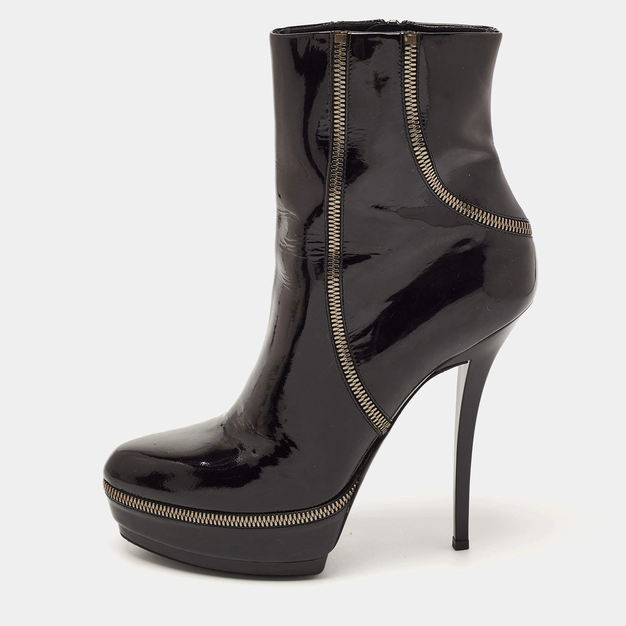 Pre Owned Gucci Black Patent Leather Zip Detail Platform Ankle Boots Size 38.5