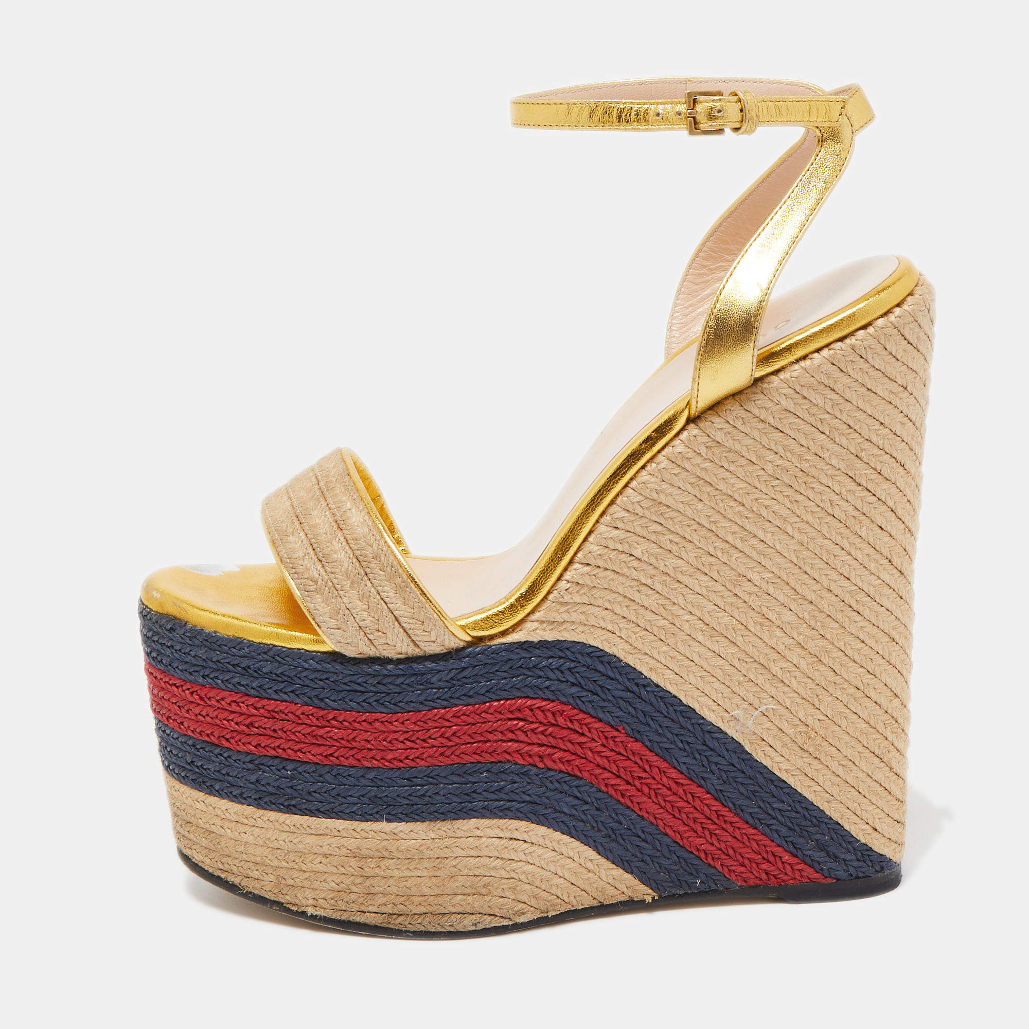 Gucci Metallic Gold Leather And Jute Espadrille Wedge Platform Ankle ...