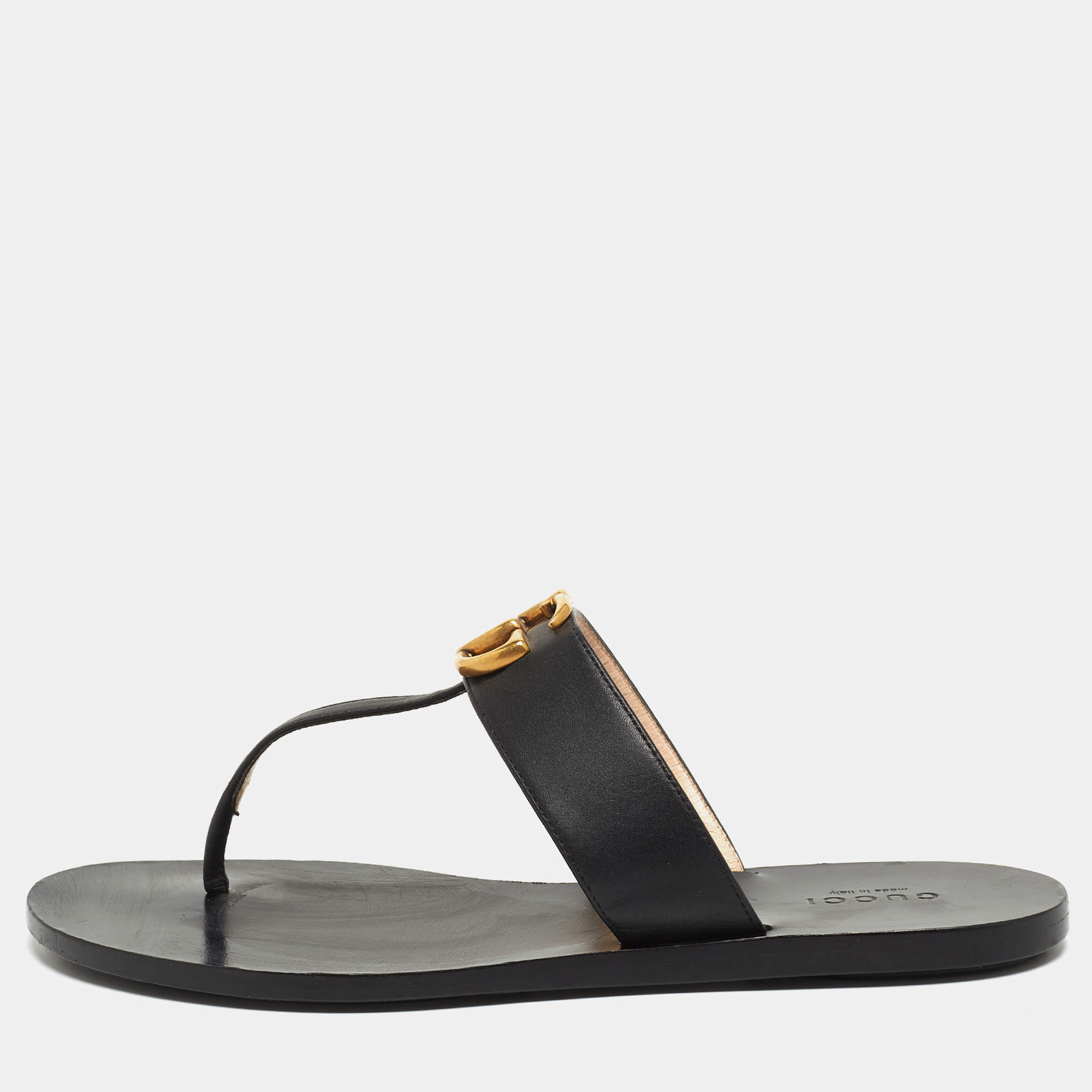 Pre Owned Gucci Black Leather GG Thong Flats Size 37