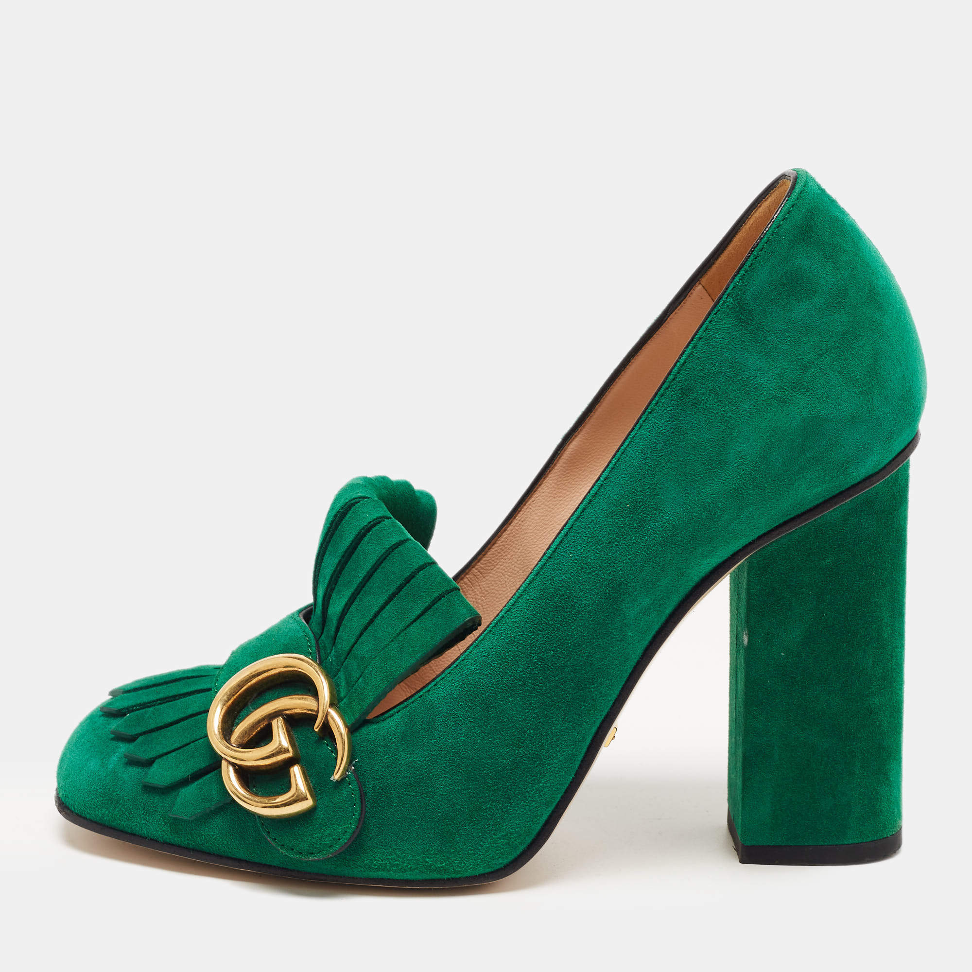 Pre Owned Gucci Green Suede GG Marmont Fringe Pumps Size 36.5