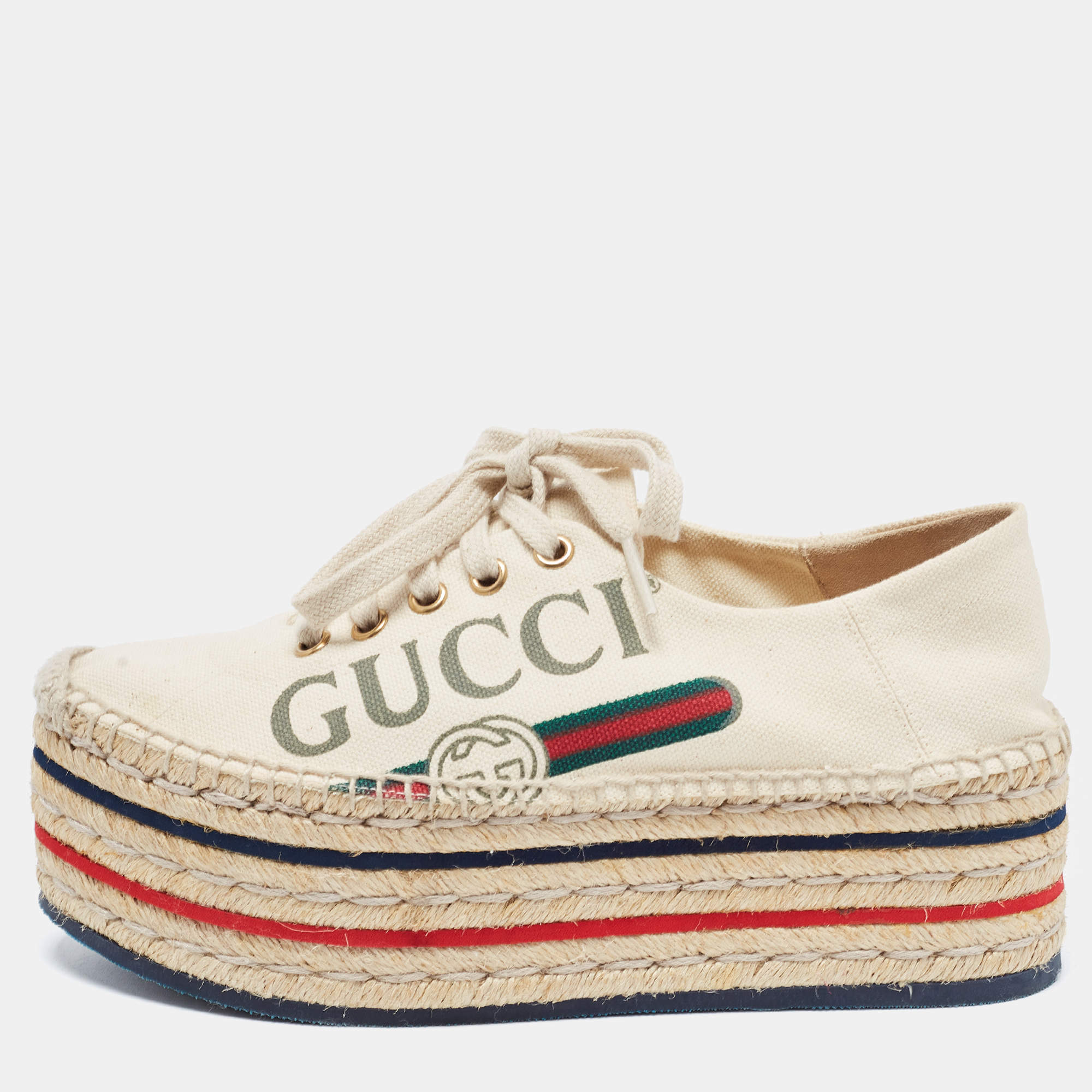 Gucci Cream Canvas Lilibeth Espadrille Platform Sneakers Size 35.5