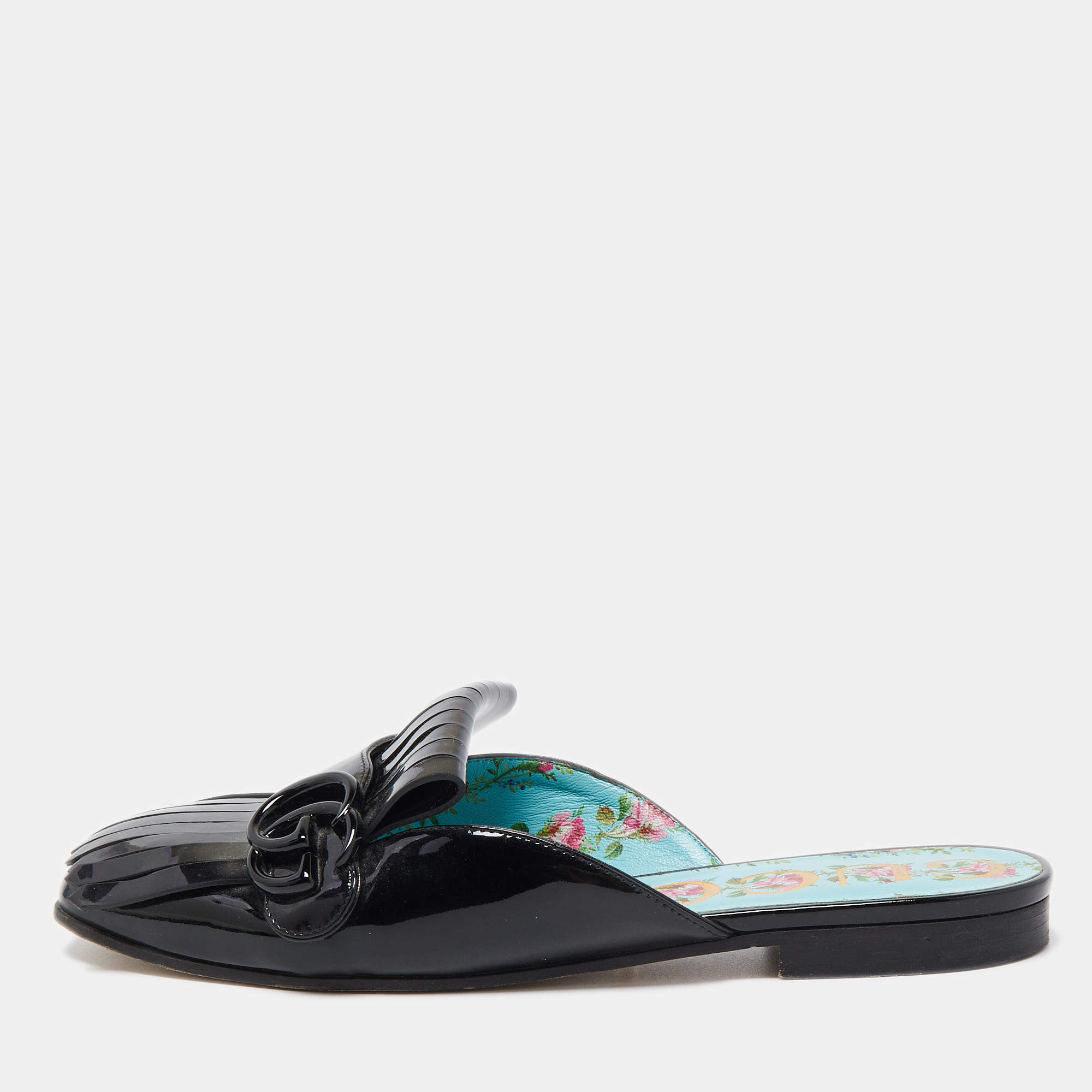 Gucci Black Patent GG Marmont Mule Flats Size 38