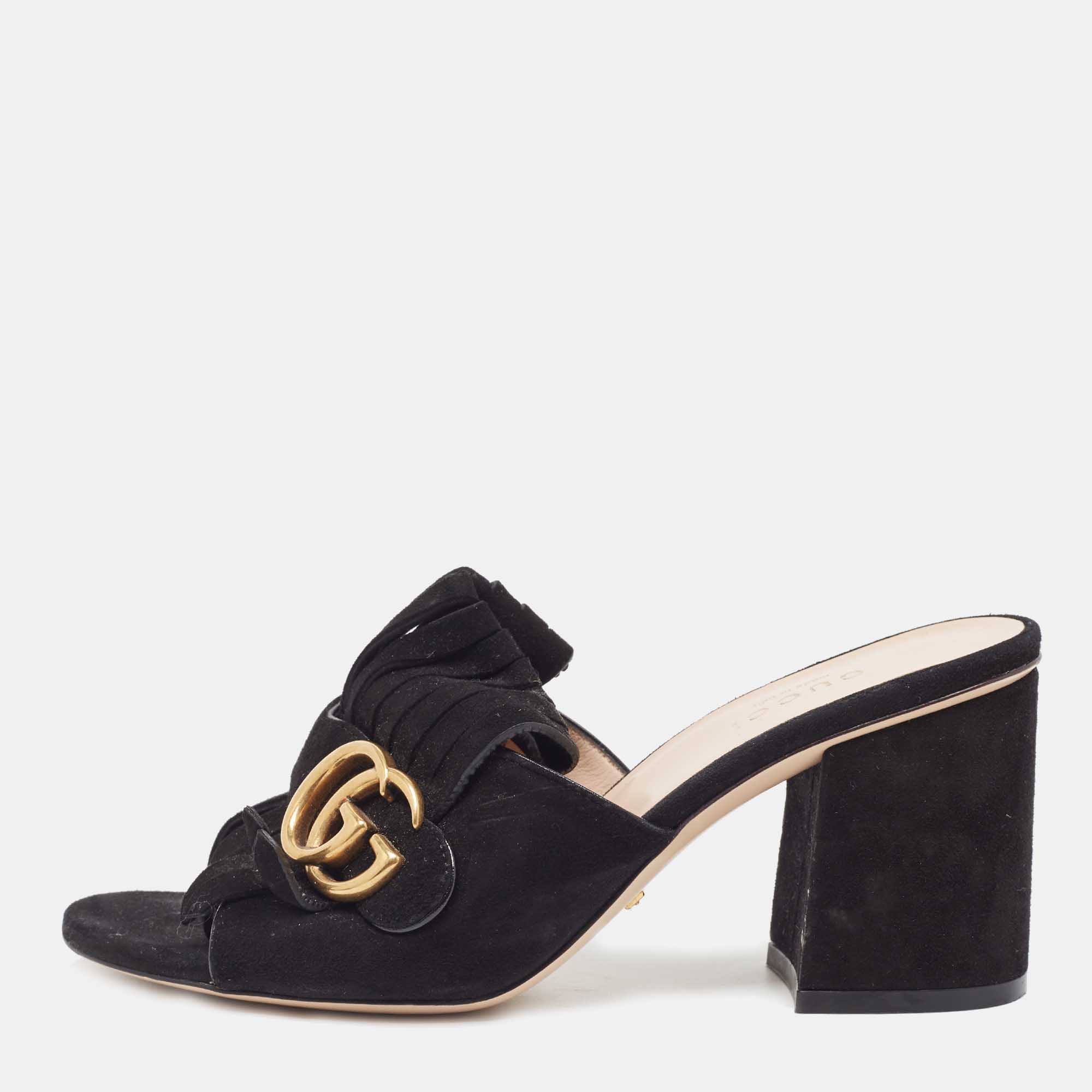 Gucci Black Suede GG Marmont Fringe Detail Block Heel Sandals Size 36