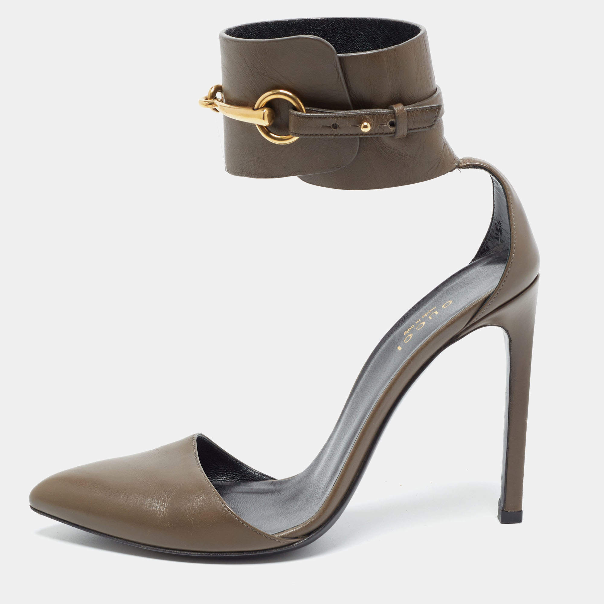مملوكة مسبقًا Gucci Brown Leather Horsebit Ankle Cuff Pumps Size 37.5