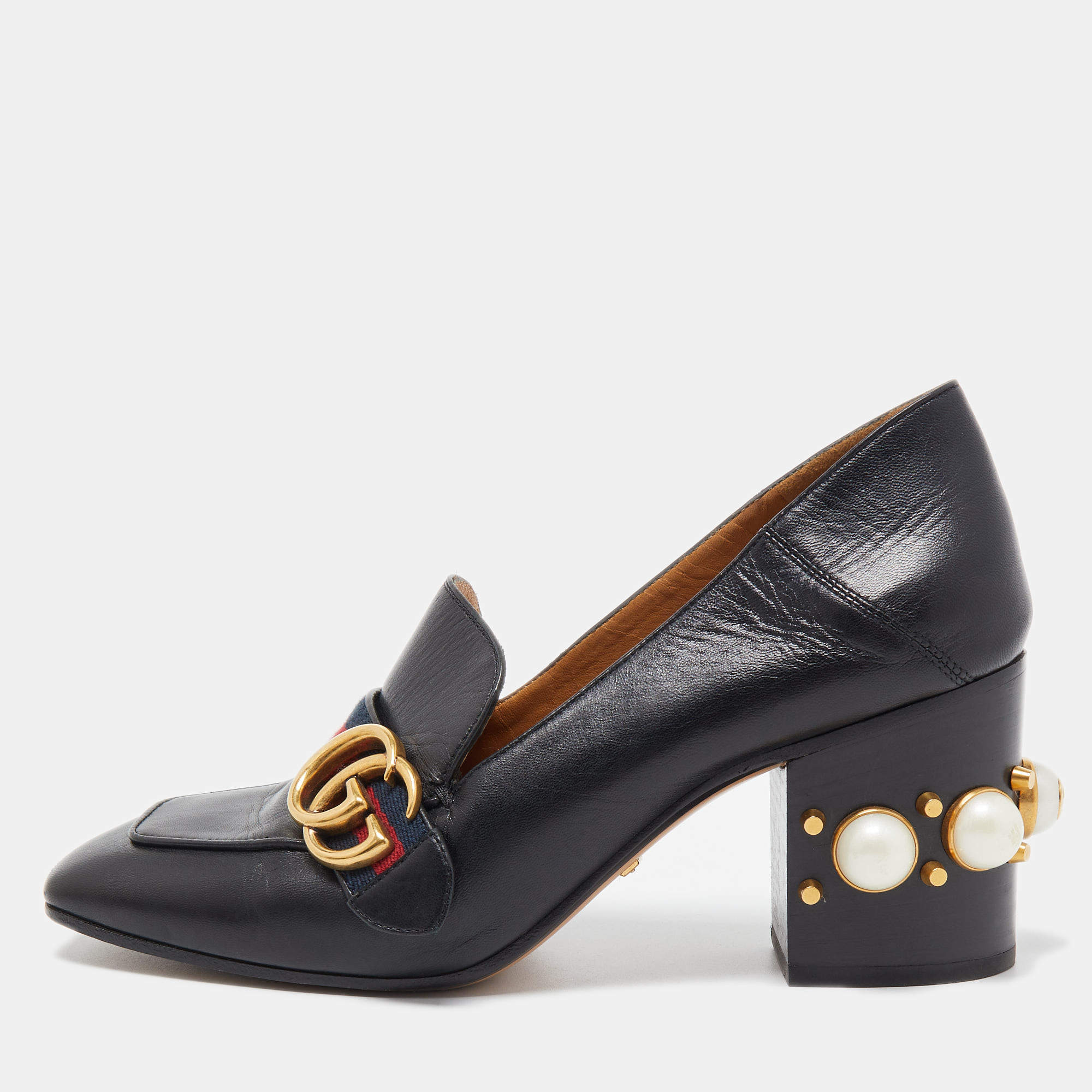 مملوكة مسبقًا Gucci Black Leather Double G Pearl Embellished  Loafer Pumps Size 38