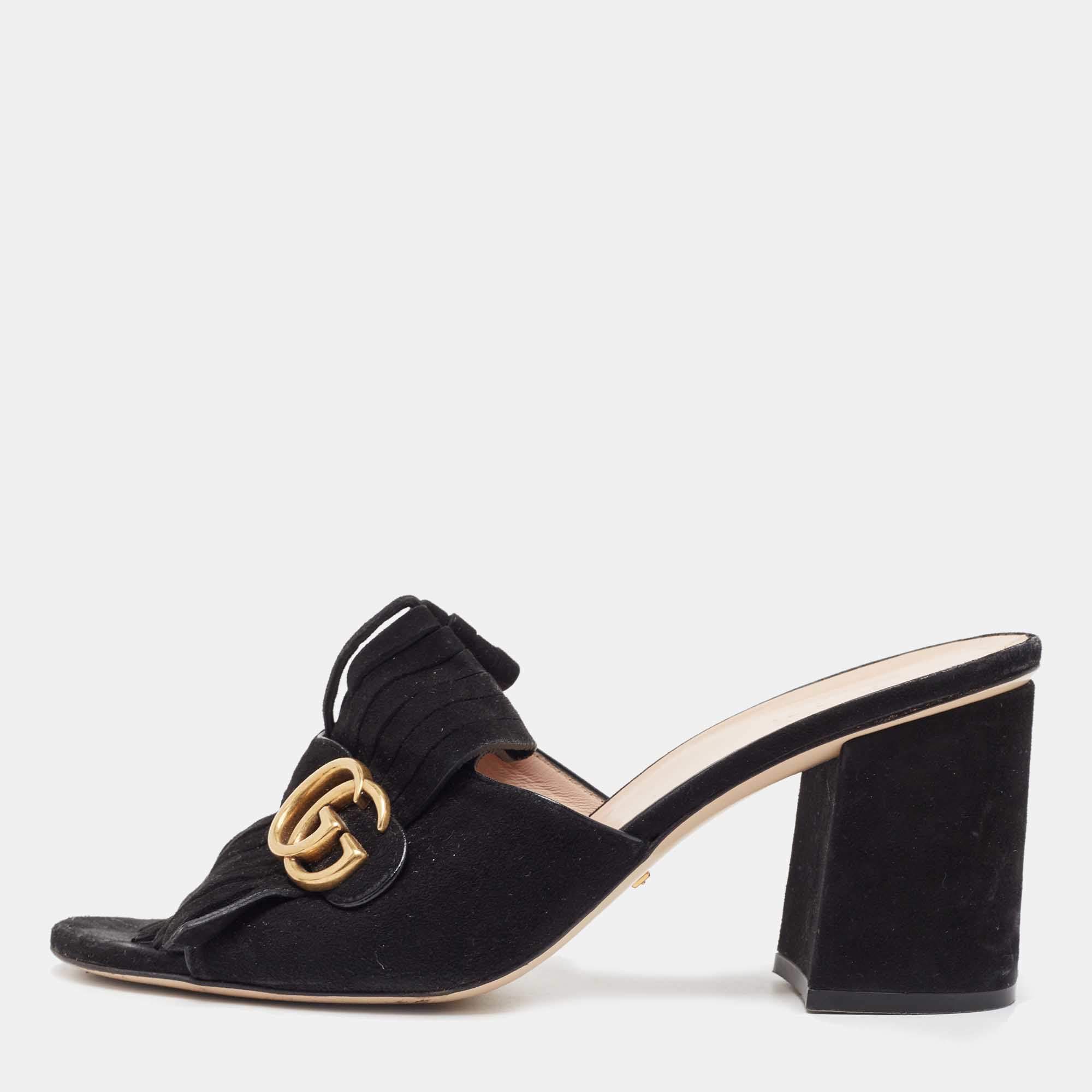 Pre Owned Gucci Black Suede GG Marmont Fringe Slide Sandals Size 40.5