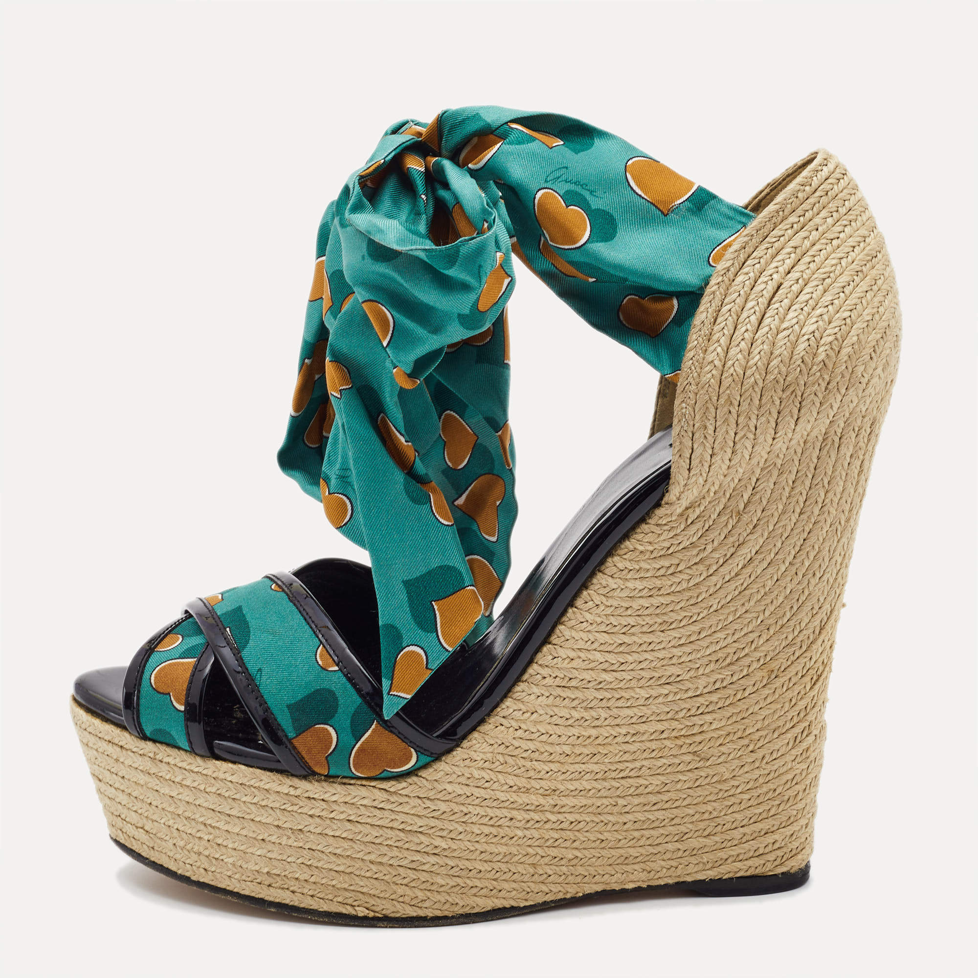 Gucci Multicolor Printed Fabric and Patent Espadrille Wedge Ankle Wrap Sandals Size 41
