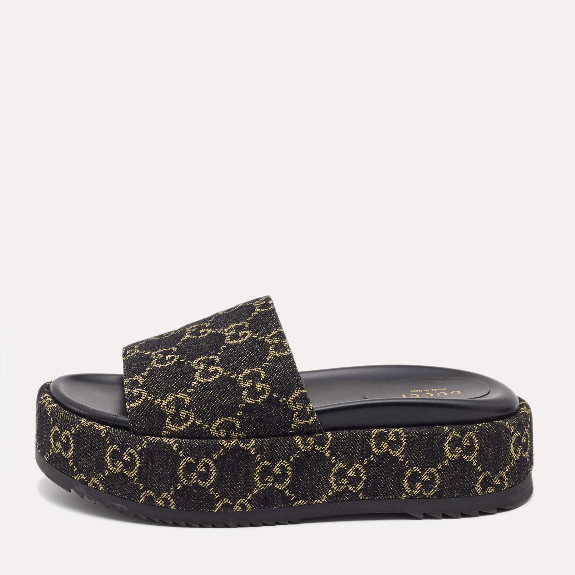 Pre Owned Gucci Black/Beige GG Canvas Platform Flat Slides Size 36
