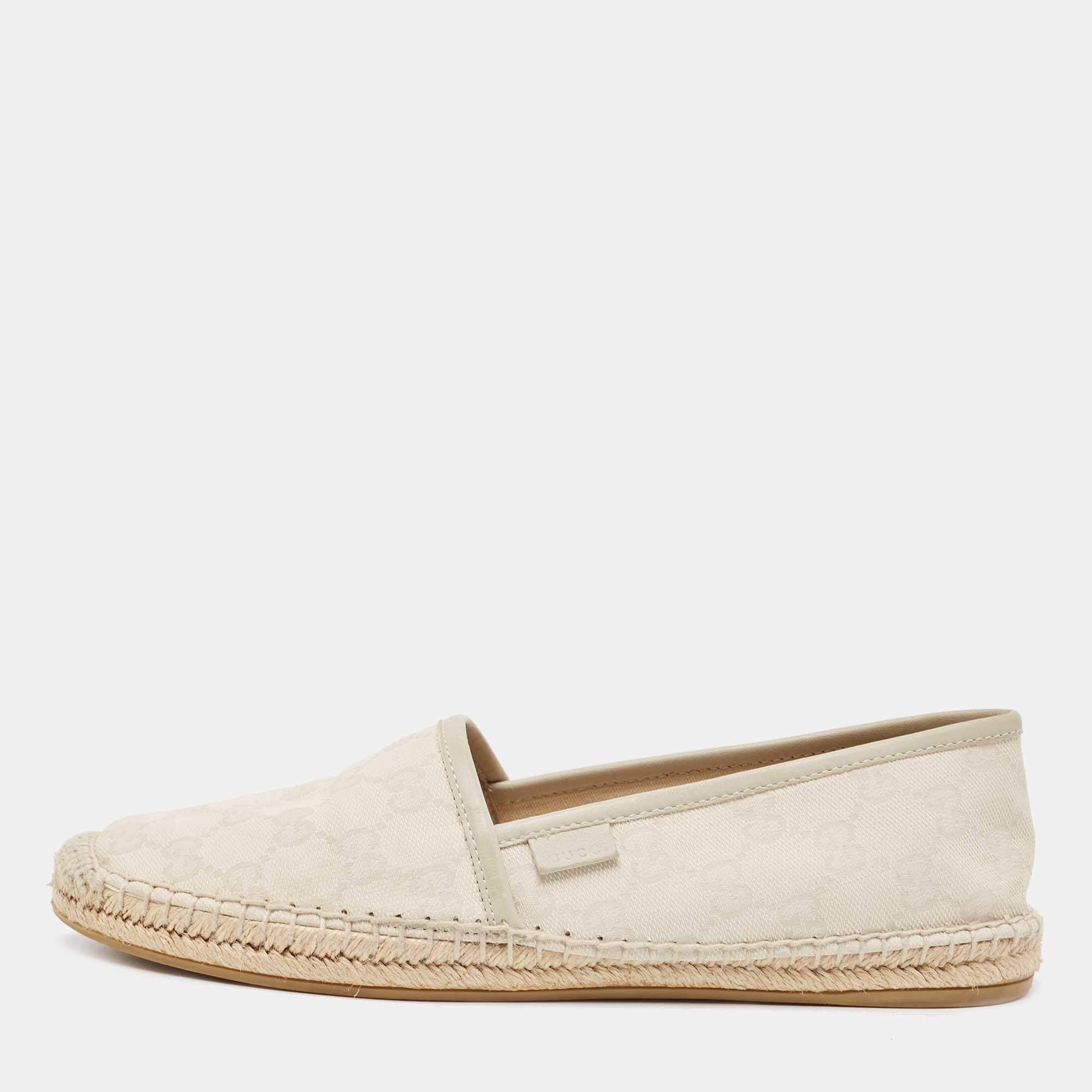 Pre Owned Gucci Cream/Grey GG Canvas and Leather Espadrilles Flats Size 38.5